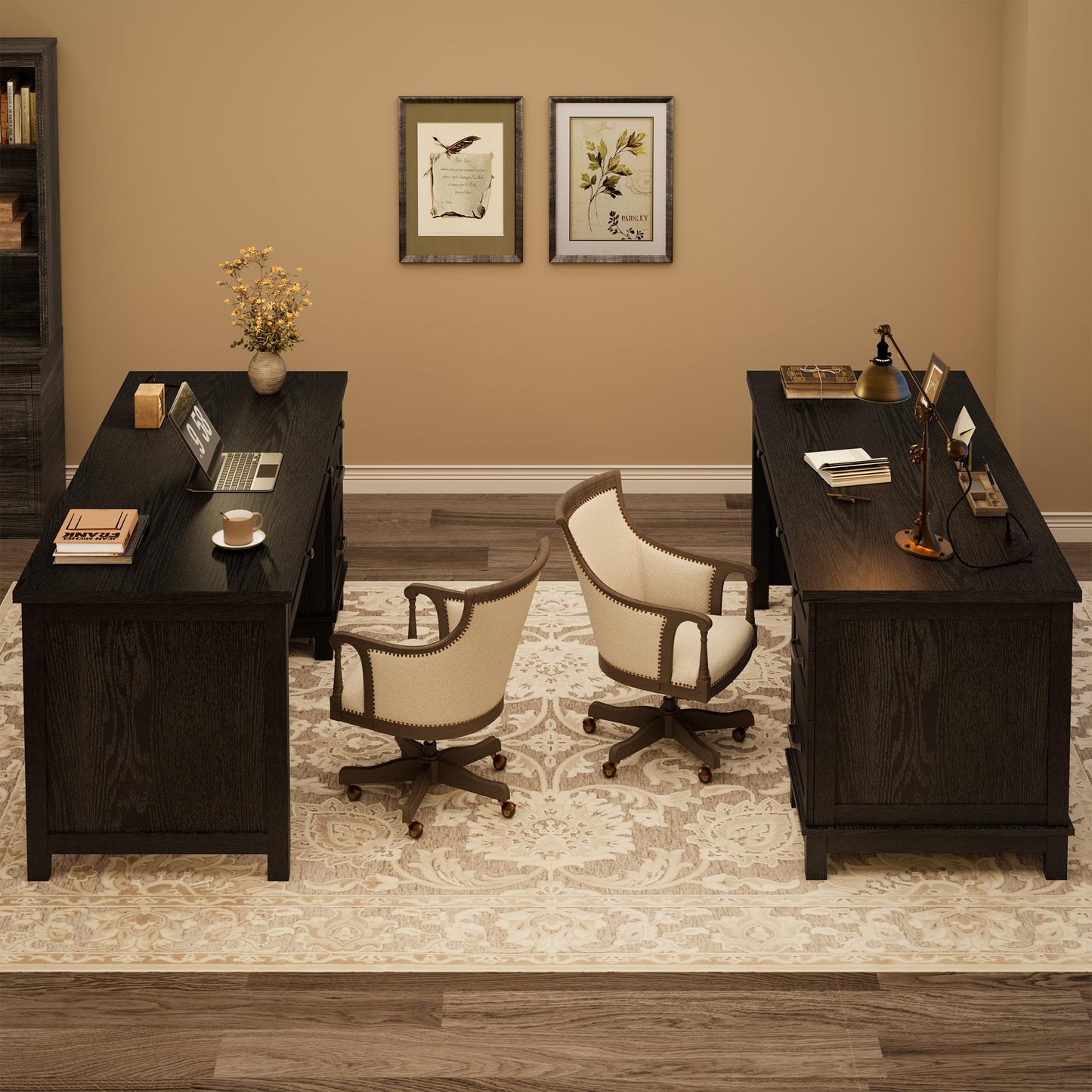Garvee 53.5" Wooden Home Office Desk with File Drawers, Executive Desk with Power Outlet, Farmhouse Wood Desk with Storage, Distressed Study and Work Table, Rustic Black