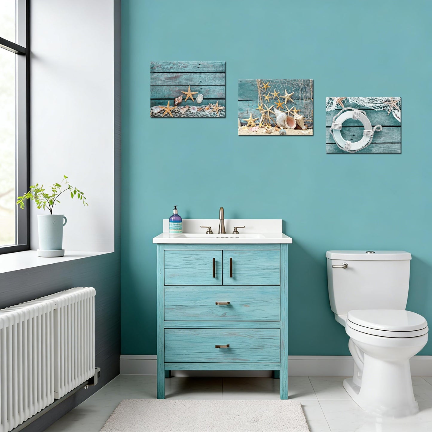 Biuteawal- 3 Piece Canvas Wall Art Starfish Shell on Teal Board Painting Prints Beach Nature Picture Canvas Artwork for Home Kitchen Bathroom Living Room Wall Decor Ready to Hang