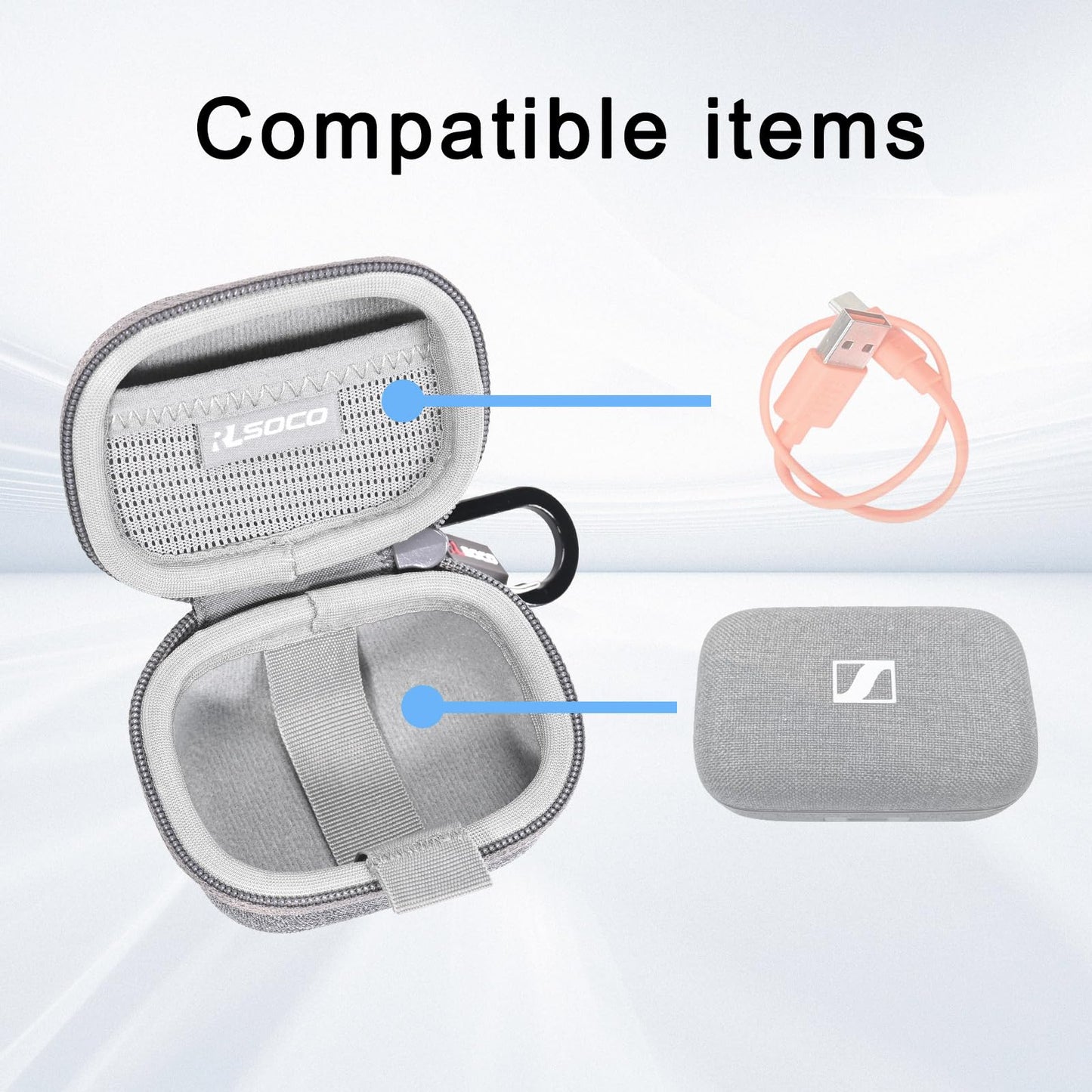 RLSOCO Hard Case for Sennheiser Momentum True Wireless 4/3 Smart Earbuds - Grey | Shockproof, Dustproof, Water-Resistant Storage Pouch with Sturdy Metal Hook (Case Only)