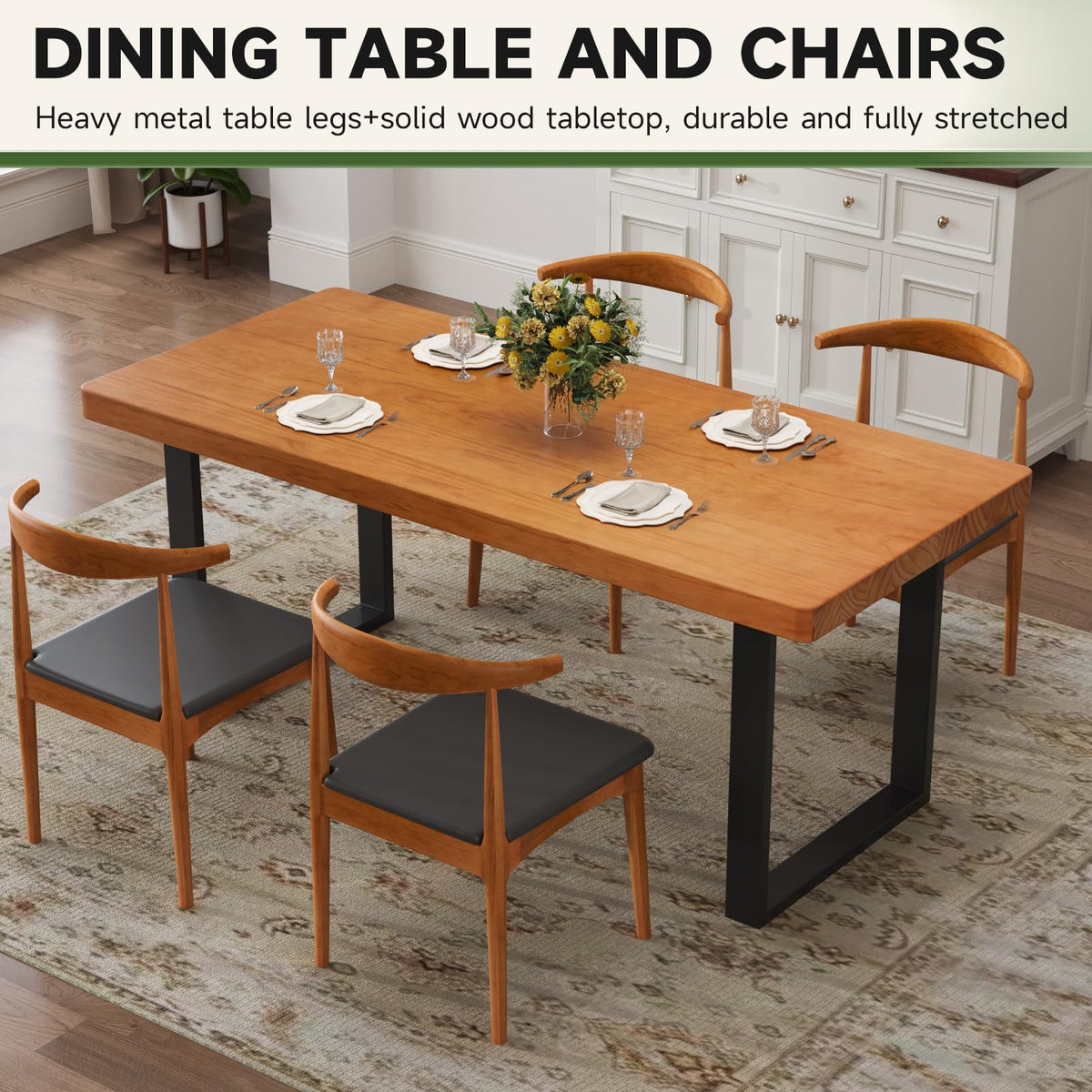 quanzhoulong 47in Modern Minimalist Solid Wood Dining Table - Sturdy Metal Base, Easy Assembly | Versatile Table for Dining Room, Living Room & Office