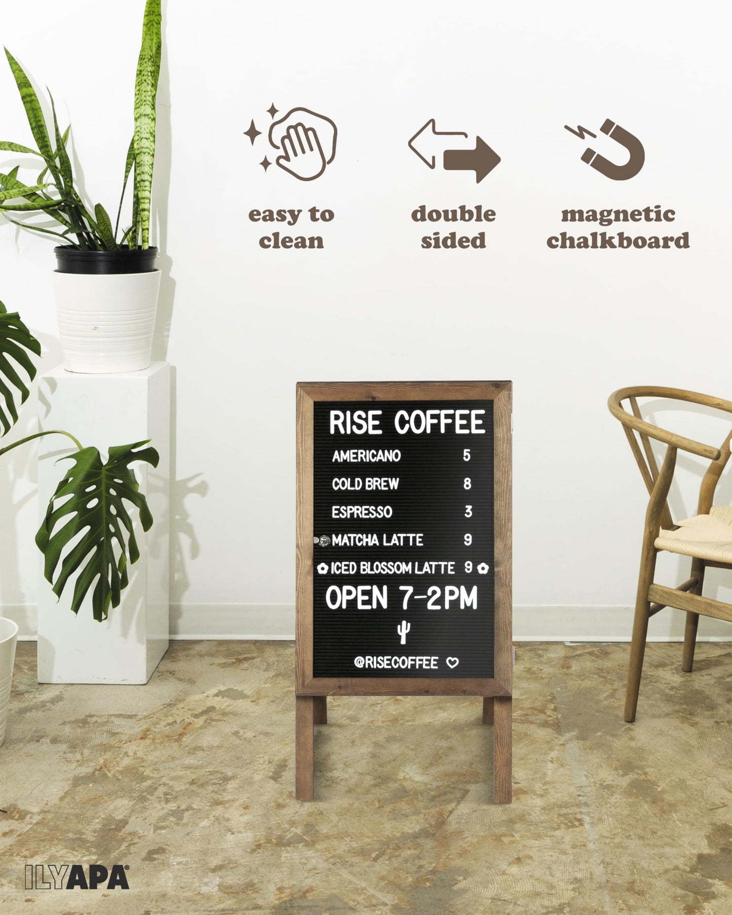 Ilyapa A Frame Sandwich Board Signs Outdoor Chalkboard & Felt Letter Board Sign with Changeable Letters - Wooden 36 x 20 in. Double Sided Magnetic Chalk Board & Letterboard for Sidewalk Advertising