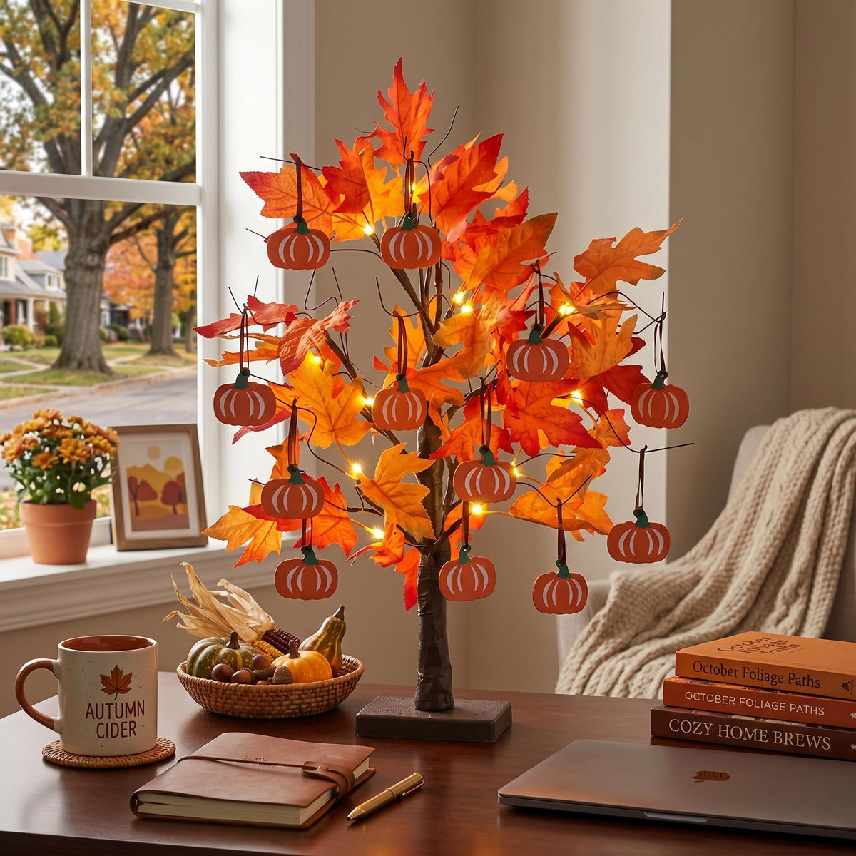 hogardeck Fall Decorations for Home, Thanksgiving Decorations, 24”2FT Lighted Maple Leaves Tree with 24 LEDs & 12 Wood Pumpkin Ornaments, Battery Powered Timer Artificial Trees for Autumn Table Decor