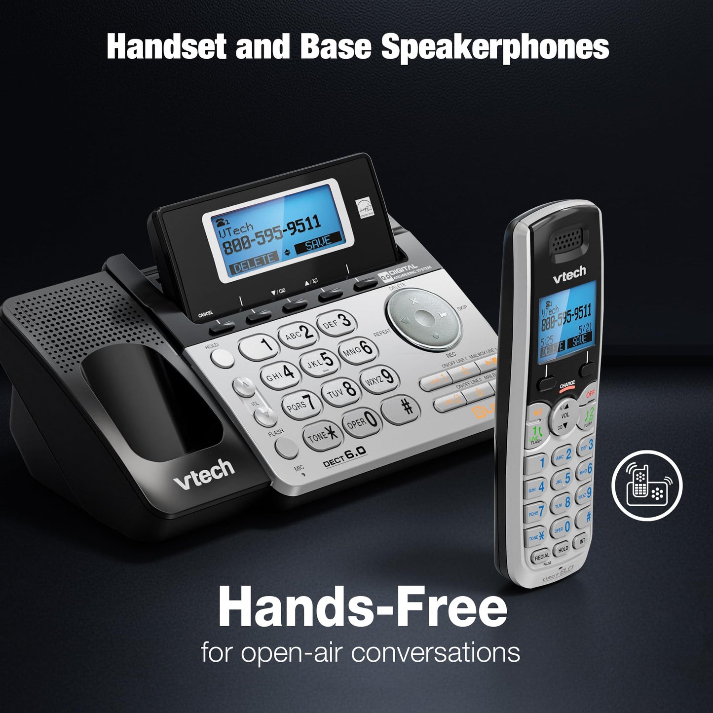 VTech DS6151-2 2-Line Expandable Cordless Phone System with 2 Handsets, Digital Answering System, Caller ID, DECT 6.0 - Home & Small Business (Black/Silver)