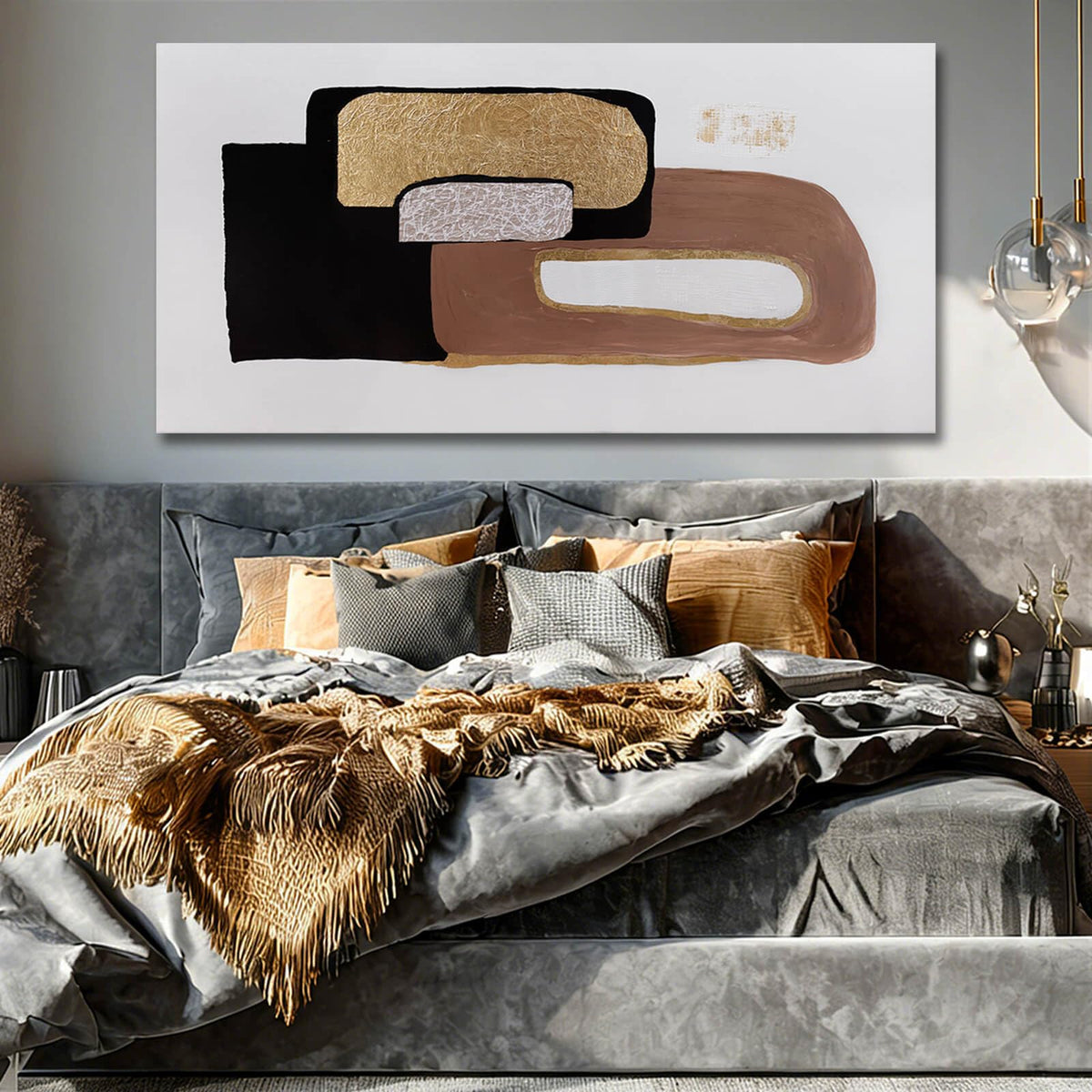 Framed Neutral Abstract Wall Art for Living Room Black and Gold Pictures Wall Decor Geometric Block Art 29"x 58" Big Painting for Bedroom Office