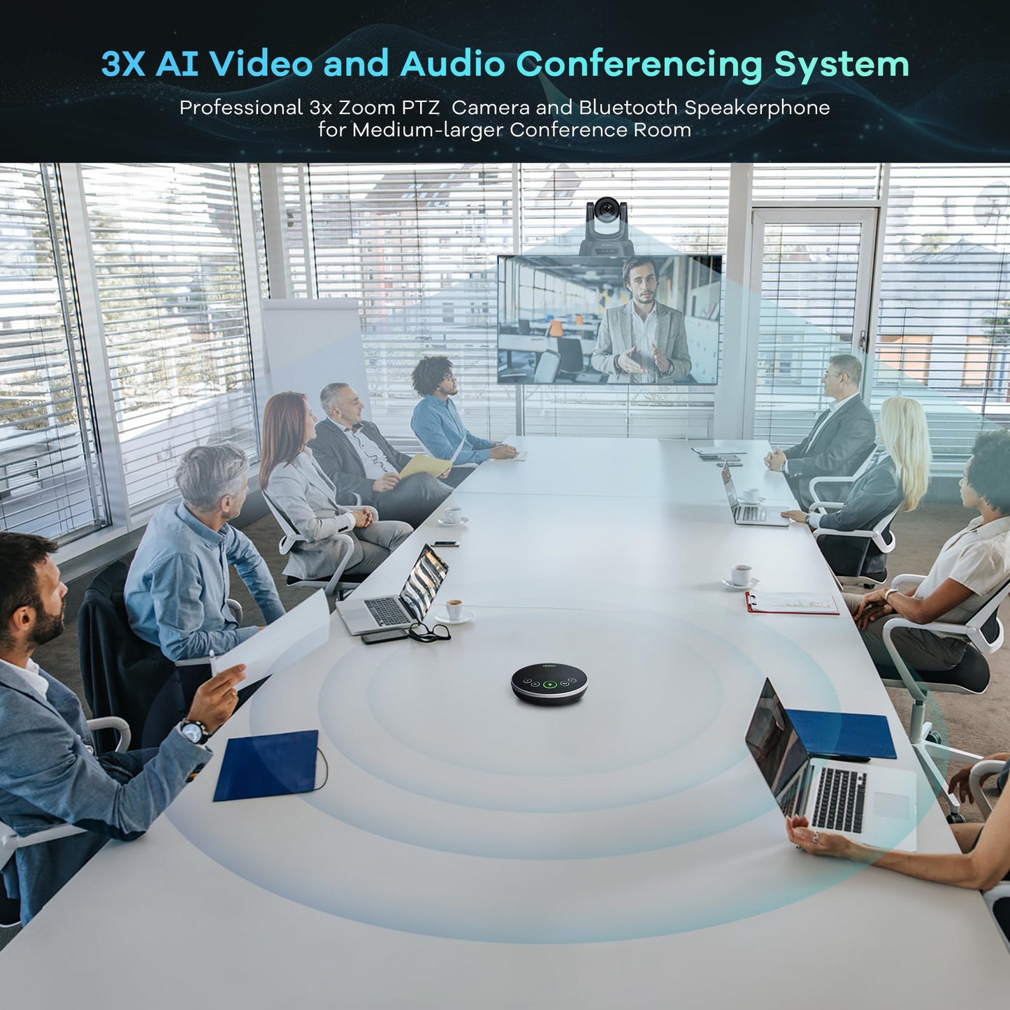 TONGVEO AI Auto-Tracking PTZ Conference Camera System with Bluetooth Microphones, 3X Optical Zoom USB3.0 1080P 60fps, 93° Wide-Angle All-in-One Video Conference Solution for Church & Office