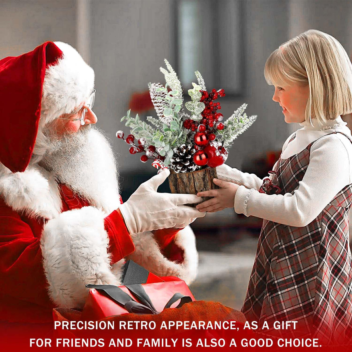 Small Christmas Tree Tabletop Artificial Mini Christmas Tree Decorations with Holiday Ornaments Red Berry Pine Cone Greenery for Home Indoor Fireplace Mantel Xmas Decor (2pcs -Tree Stump-Red)