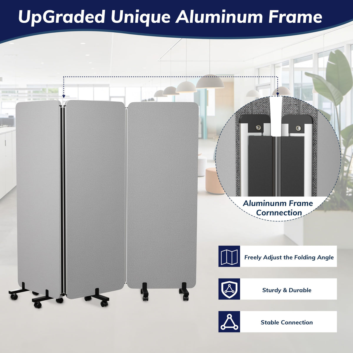 KERRAM 3 Panel Foldable Office Partitions, Mobile Cubicle Wall with Wheels, 71 x 66 Inch Noise Cancelling & Sound Proof Room Dividers Partition Wall, Aluminum Frame Gray