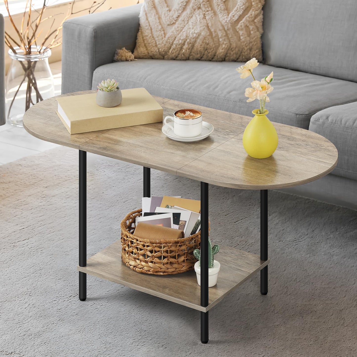 OYEAL Coffee Tables for Living Room 2-Tier Small Oval Table with Storage Shelf Mid Century Round Center Table for Display, Small Space,Home Office, Rustic Grey