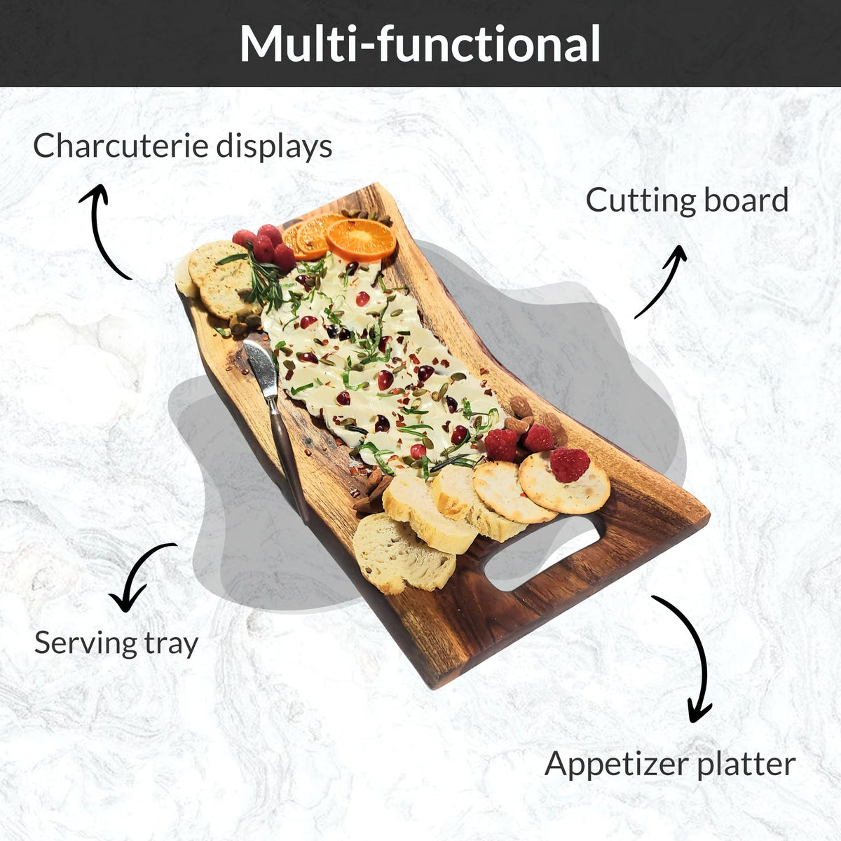 Acacia Charcuterie Board with Natural Live Edge & Round Handle - Wood Cheese Board - Decorative Wooden Serving & Cutting Board - Housewarming, Mothers Day, New Home & Wedding Gifts (18” x 8”)