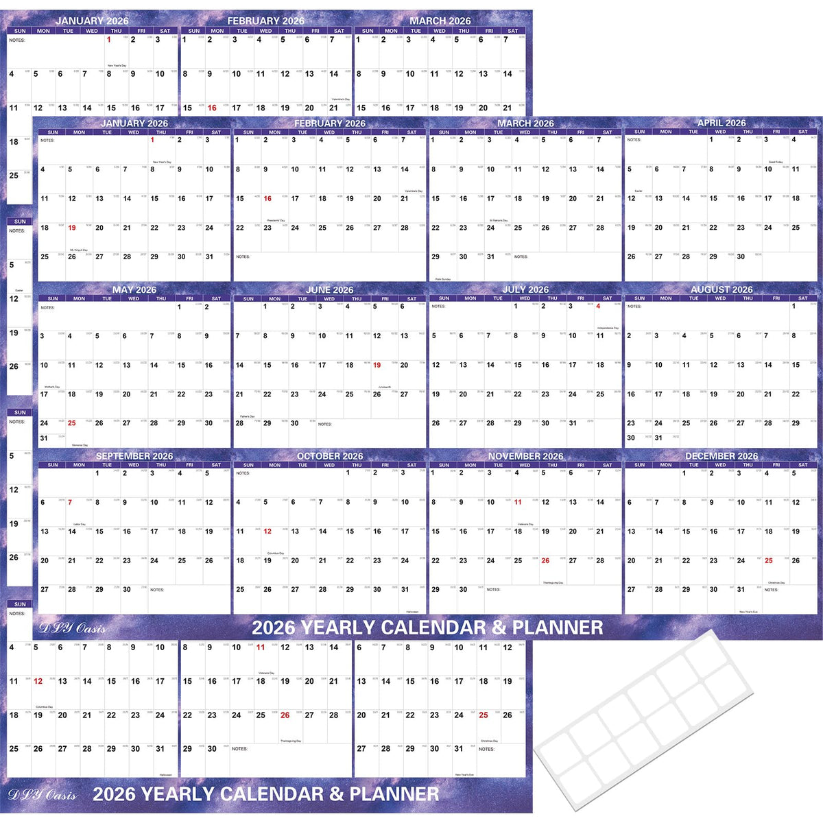 32" x 48" 2026 Wall Calendar Dry Erase - Folded Large Starry Sky Wall Calendar 2026, Wet & Dry Erasable, Laminated 12-Month Annual Yearly Planner, Reversible, Horizontal/Vertical, Purple
