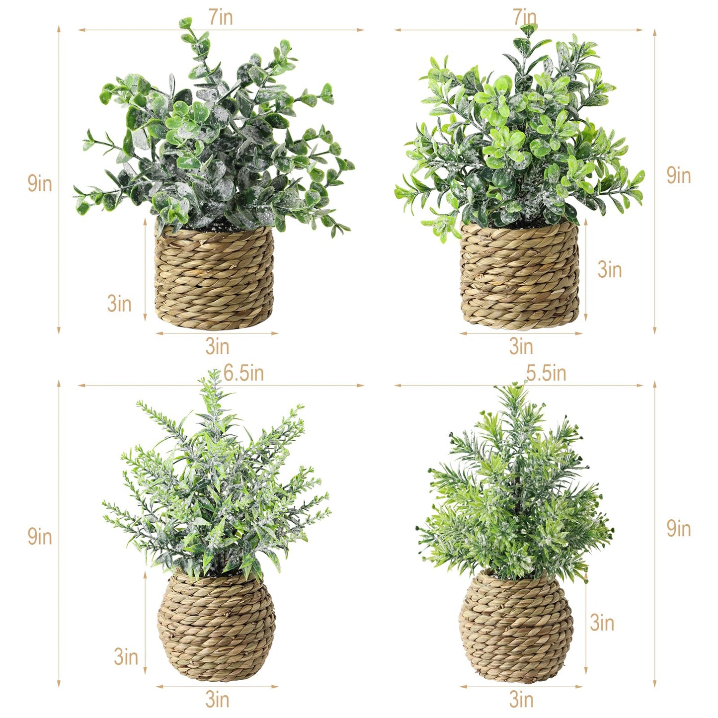 Small Fake Potted Plants: 7 Inches Artificial Plants with Seagrass Handwoven Planters, Indoor Farmhouse Spring Decorations, Eucalyptus Plant for Home Bathroom Office Shelf Tabletop Desk Room Decor