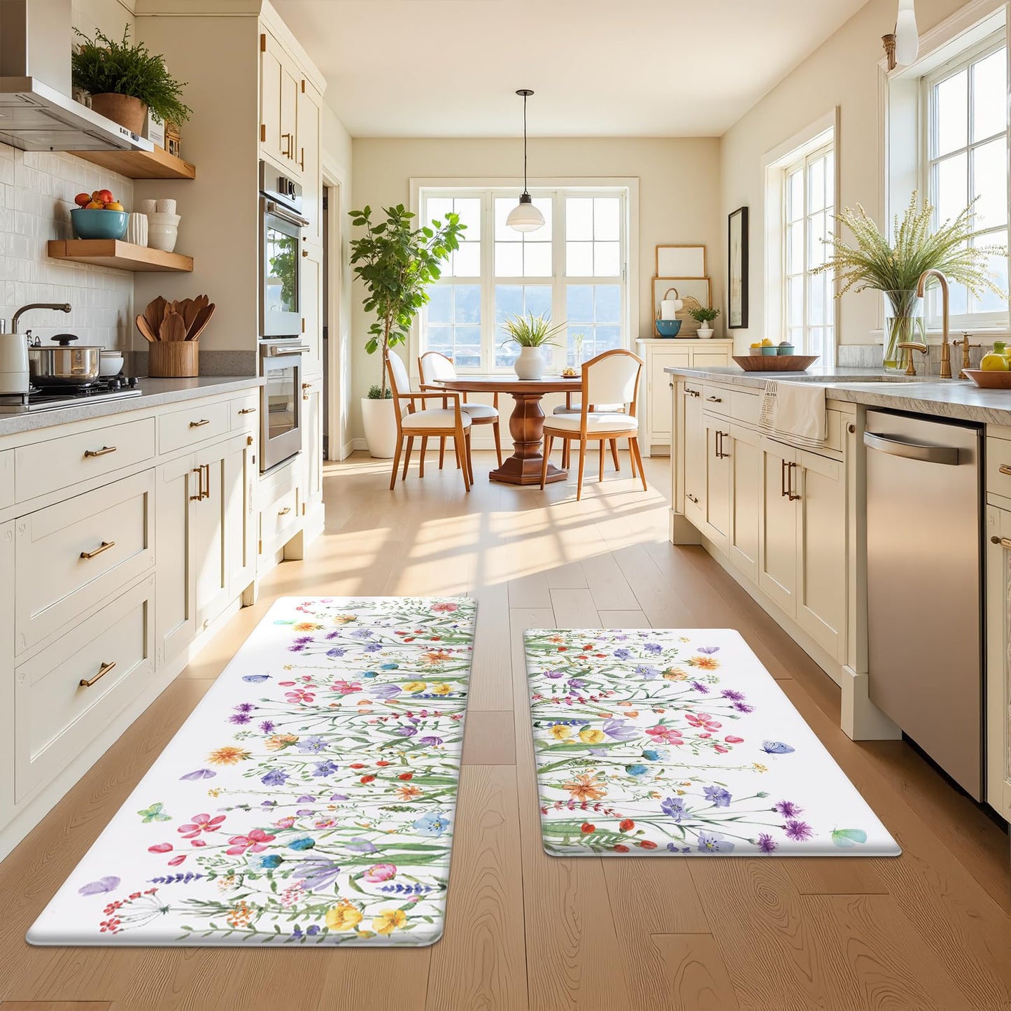 SHACOS Spring Kitchen Rugs Set of 2 Anti-Fatigue Kitchen Mats Floral Rugs White Cushioned Mats with Colorful Flowers Butterfly 17x27.5+17x47, Spring Flowers