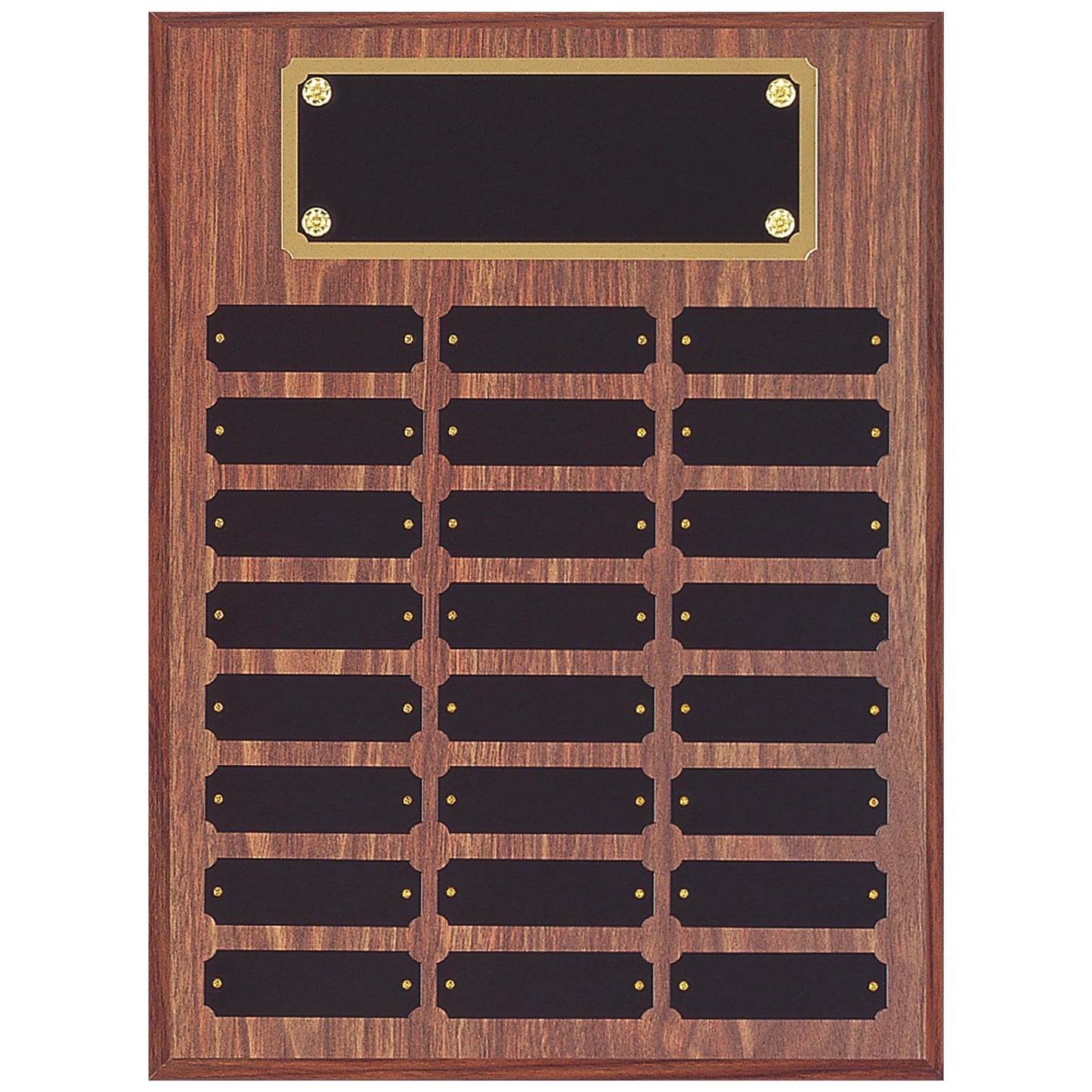 SHOP AWARDS AND GIFTS 12 x 16 Inch Perpetual Plaque Award Multiple Name Plate Board for Employee Appreciation, Recognition, Achievement, Walnut Finish with Black and Gold Header, 24 Name Plates