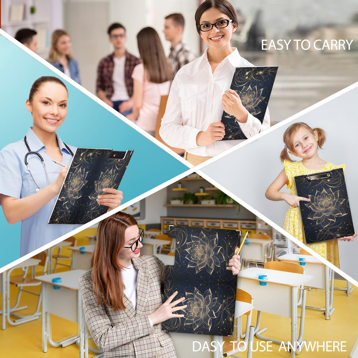 KU-DaYi Lotus Floral Clipboard Padfolio with Storage Pocket, Meditation Spiritual Lotus Flower Low Profile Clip Boards for Nurse Office Classroom, 12.4 x 9.25 in