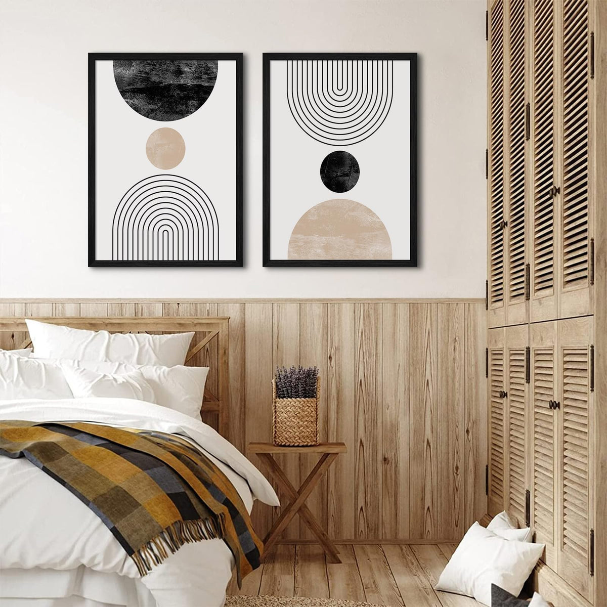 Mid Century Modern Wall Art Prints Set of 2 Neutral Abstract Geometric Wall Art Boho Canvas Prints Mid Century Eoind Wall Decor Modern Abstract Pictures Artwork for Home Room 12x16 Inch Black Framed