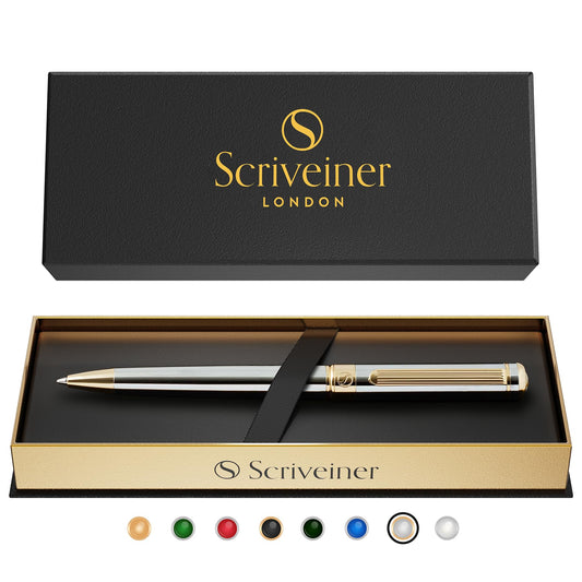 Scriveiner Silver Chrome Ballpoint Pen - Stunning Luxury Pen, Real Gold Plating, Schmidt Black Refill, Best Ball Pen Gift Set for Men & Women, Professional, Executive, Office, Nice, Fancy Pens