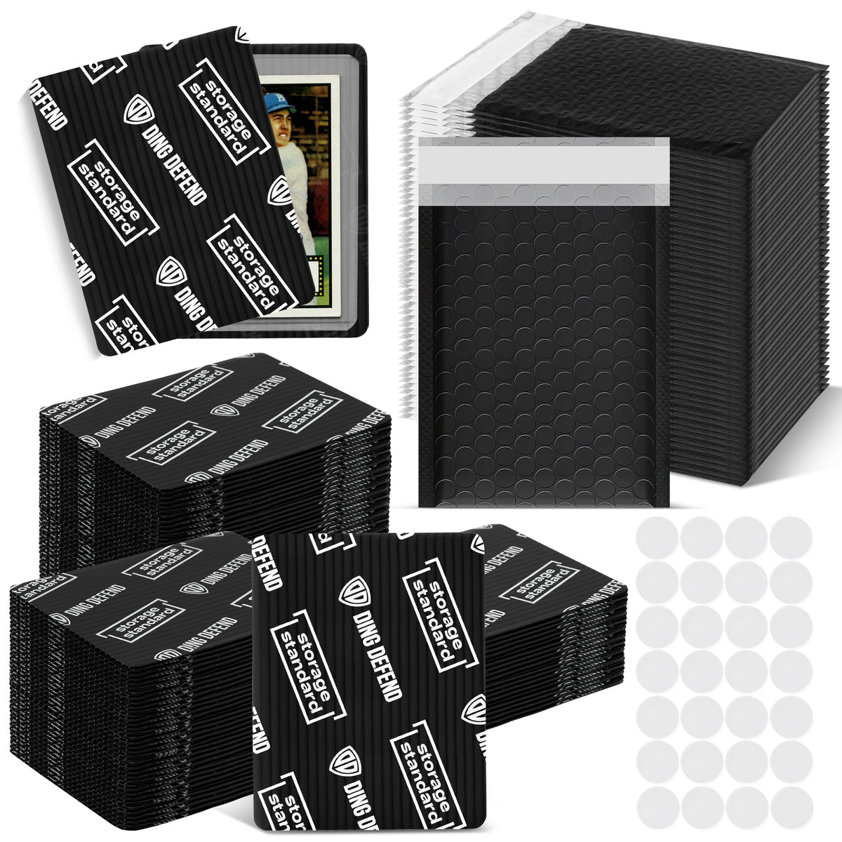 Ding Defend Card Shipping Protector Envelope Bubble Mailer Kit with 110 Card Shipping Protectors (3.5x4.5 Inches), 55 Bubbles Mailers, 250 Tape Seals for Collectible Cards - Black
