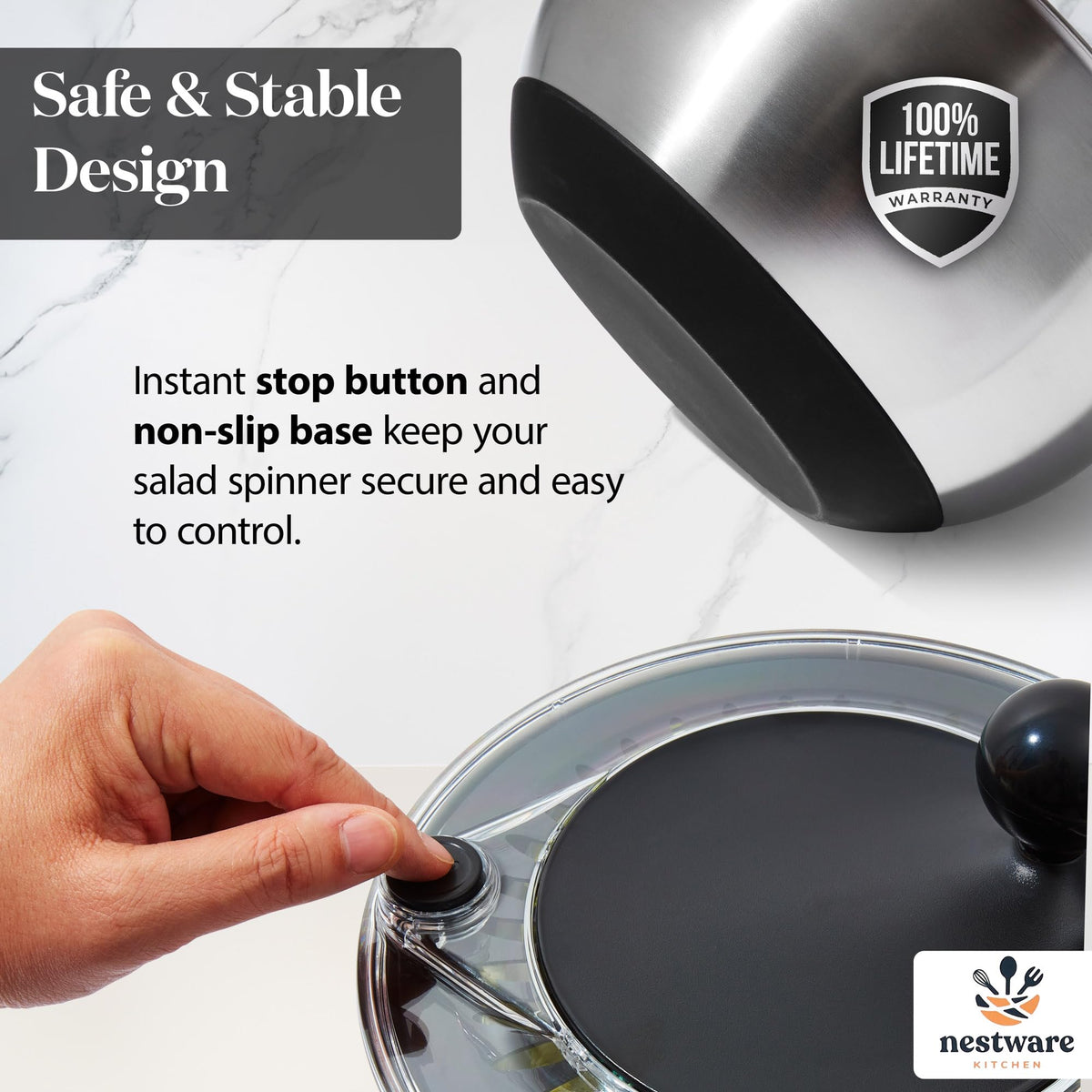 Nestware Kitchen Stainless Steel Salad Spinner, Lettuce, Vegetable & Fruit Dryer, 5L Capacity, Non-Slip Base (304 Stainless Steel - Black)
