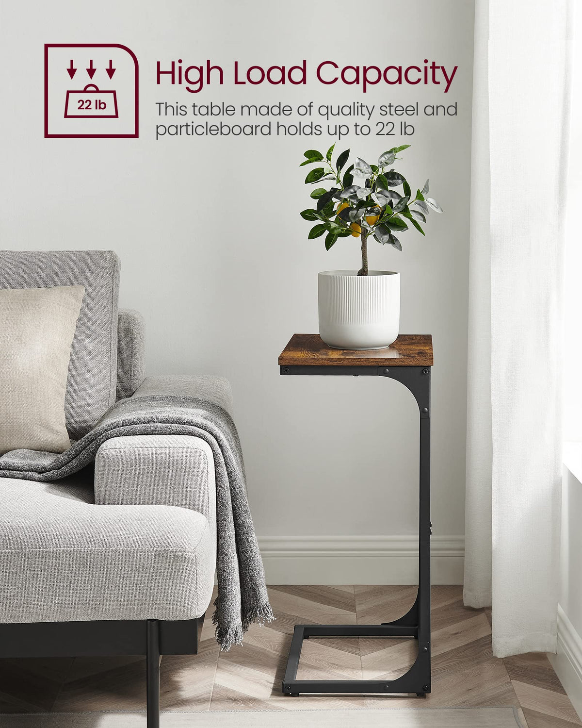 VASAGLE C-Shaped End Table, Side Table for Sofa, Couch Table with Metal Frame, Small TV Tray Table for Living Room, Bedroom, Rustic Brown and Black ULET353B01