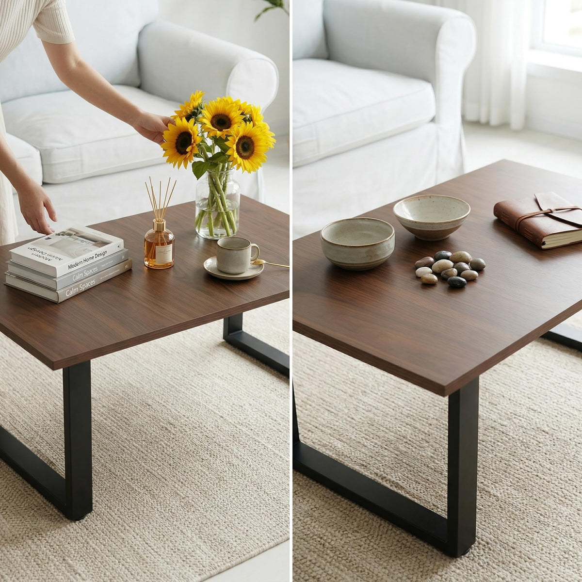 kiwonlonker Walnut Folding Coffee Table: 35.5in Rustic Industrial Coffee Table, No Assembly Required, Modern Minimalist & Easy Storage Compact Design for Living Room, Bedroom, Home Office, Brown