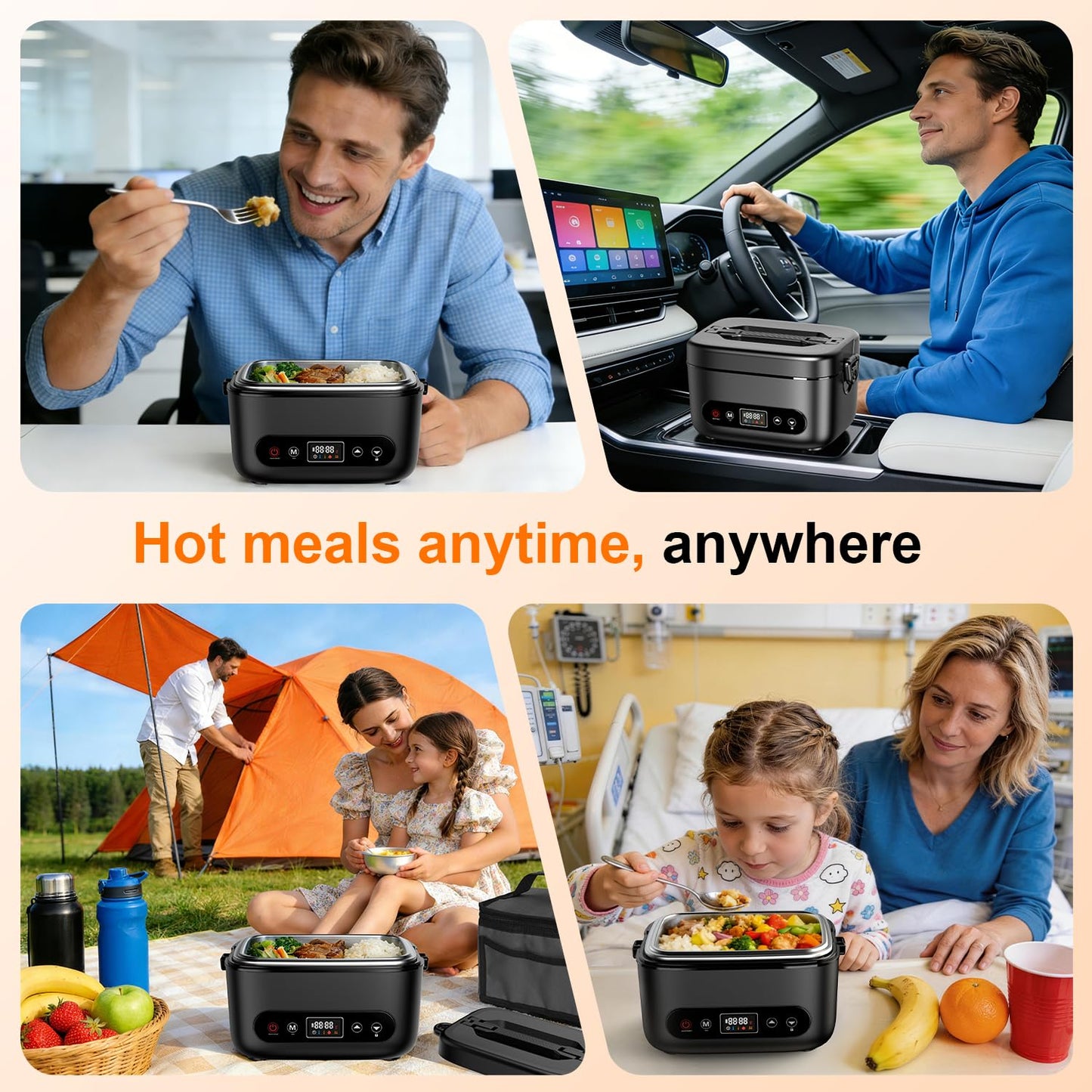 Cosy Life Cordless Electric Lunch Box with 24000mAh Long-Lasting Battery, 1.2L 304 Stainless Steel Food Warmer & Insulated Bag for Hot Meals at Office, on Travel & Outdoors