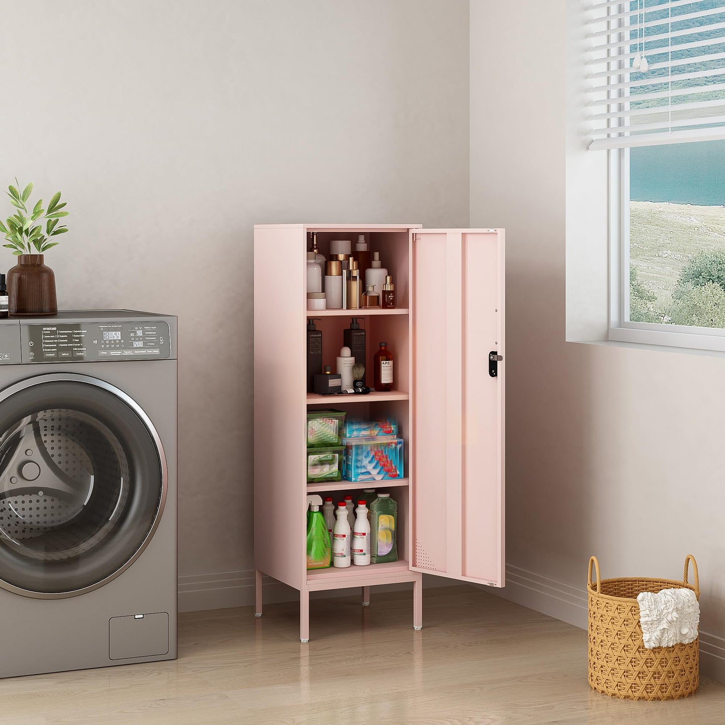 Steehoom Metal Locker Cabinet with Lock Single Door Bathroom Storage Cabinet Changing Room Locker for Home, Office, School, Gym, Garage (Pink, 15.75" D x 15.75" W x 49.21" H)