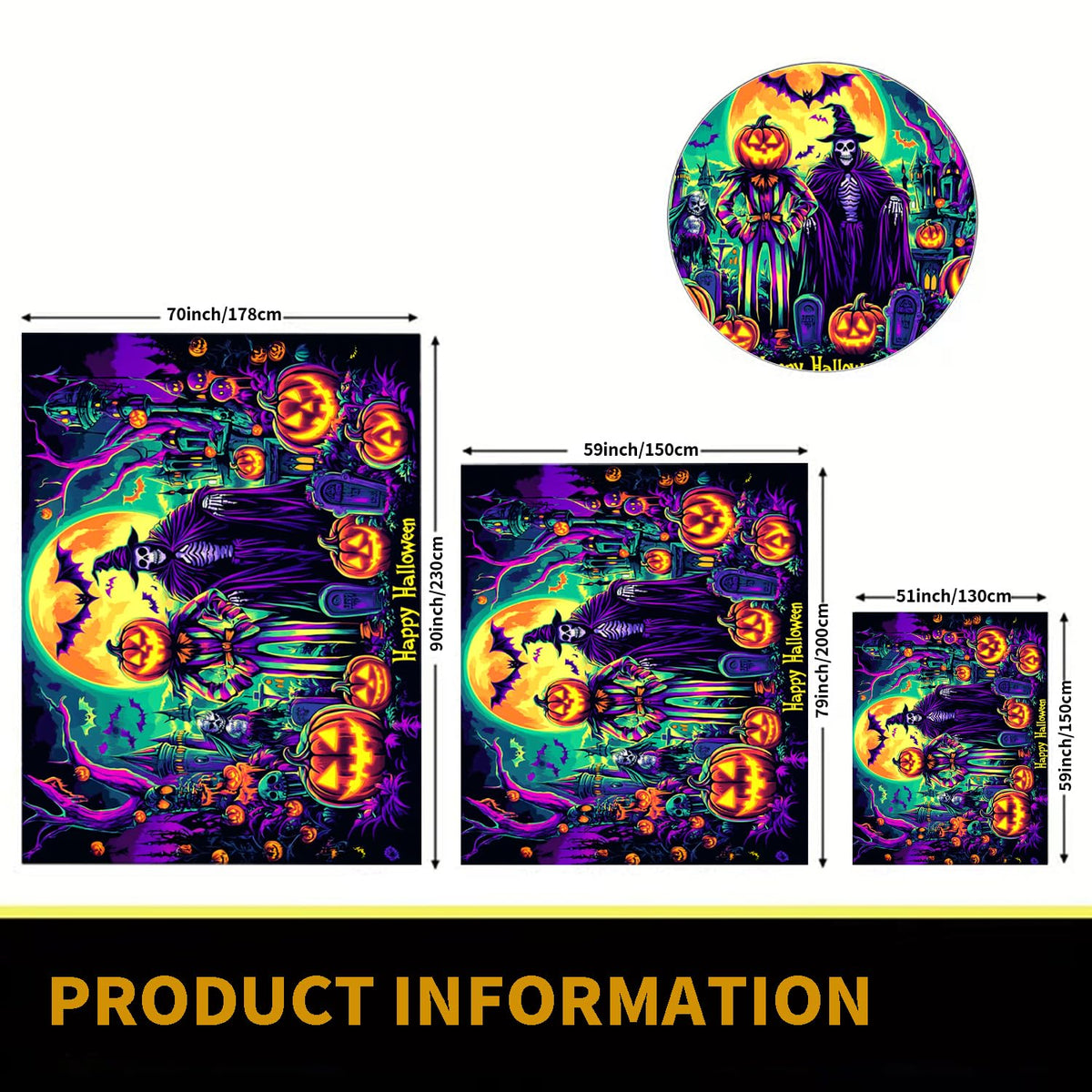 BSFHH Black Light Tapestry – UV Reactive Glow in the Dark Wall Hanging, Spooky Night Scene with Ghosts & Pumpkins, Haunting Home Decor for Parties, Bedroom, or Dorm (Witches & Bats, 90L" x 70W", Unframed)