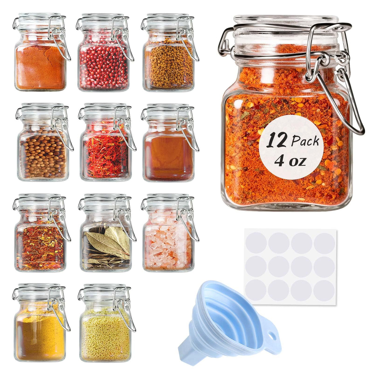 SPANLA Spice Jars, 12 Pack 4oz Small Glass Jars with Airtight Hinged Lid, With 12 Spice Labels & Silicone Funnels, Airtight Glass Jars for Spices, Art Craft Storage (12 Pack)