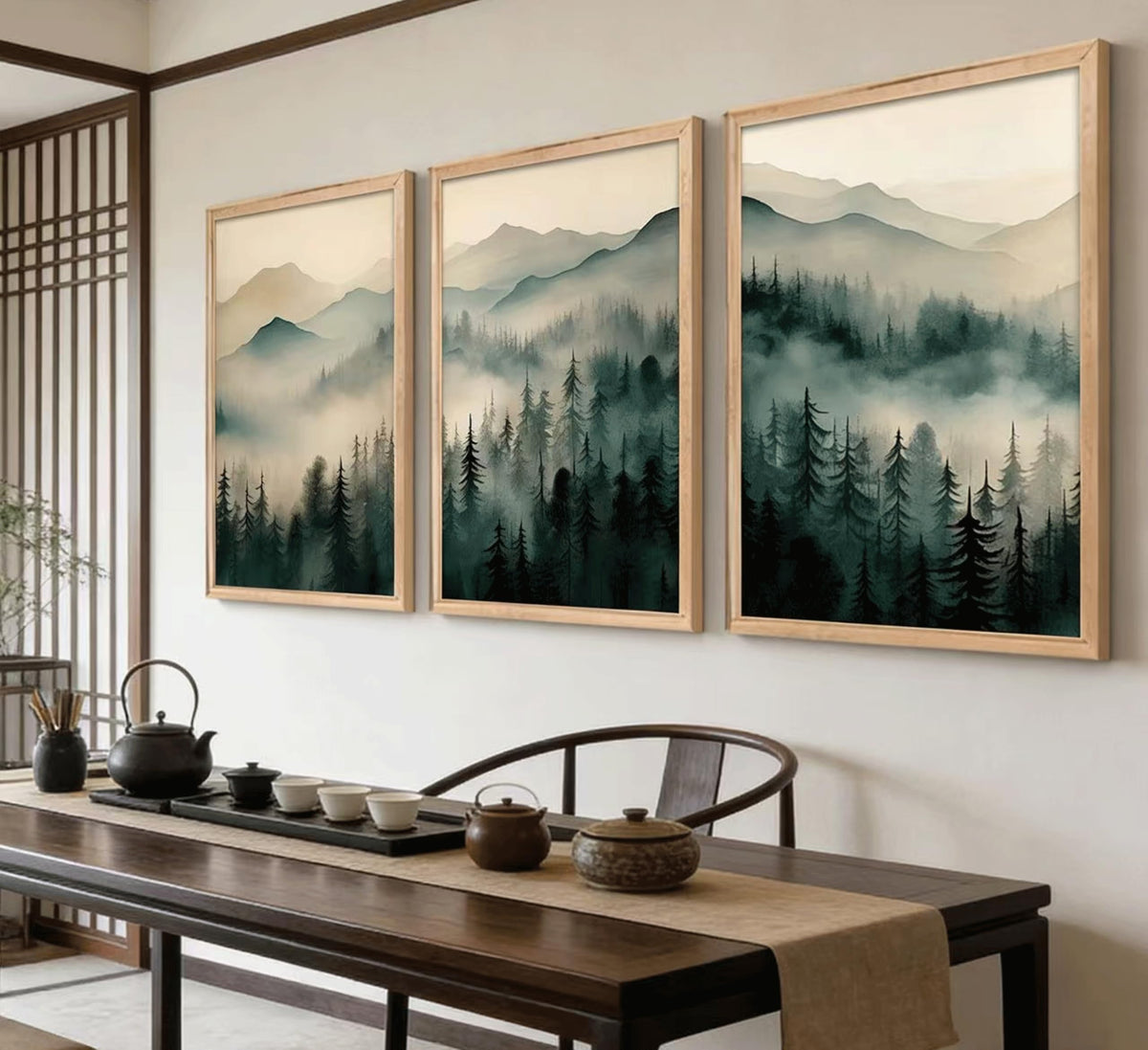 Framed Misty Mountain Forest Wall Art Set, Mordern Calming Pine Forest Oil Painting Canvas Prints, Smoky Mountain Landscape Wall Decor, Green Natural Scenery Poster for Living Room Bedroom Office