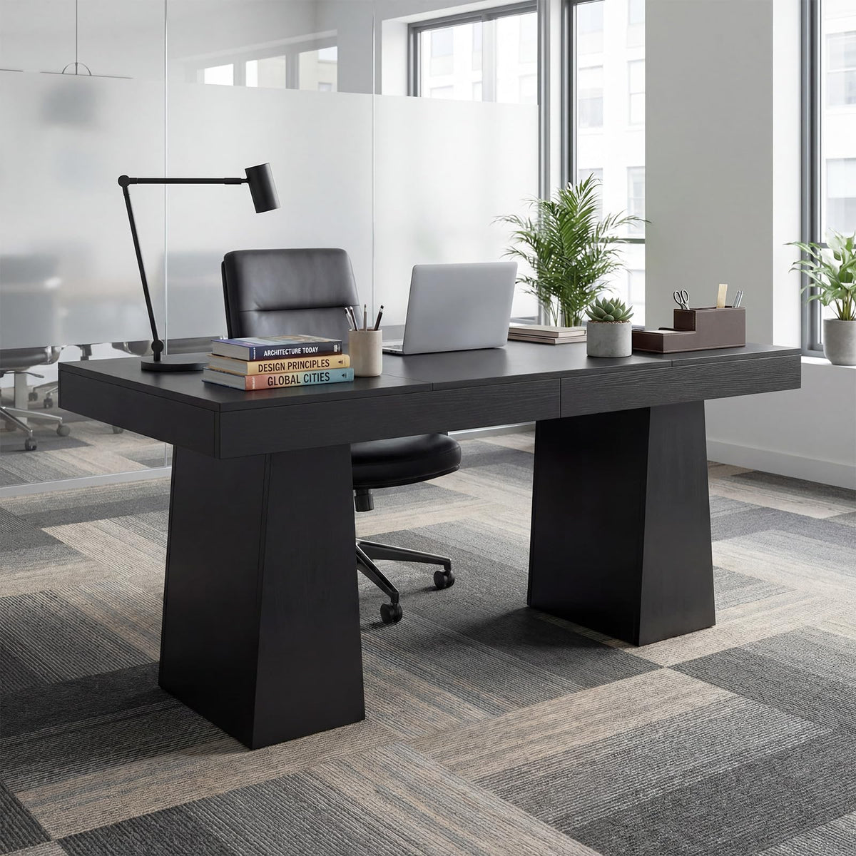 Garvee 55" Executive Desk, Mid-Century Modern Home Office Desks with Double Trapezoid Base, Wood Computer Desk Business Furniture Workstation Writing Table Conference Table, Black