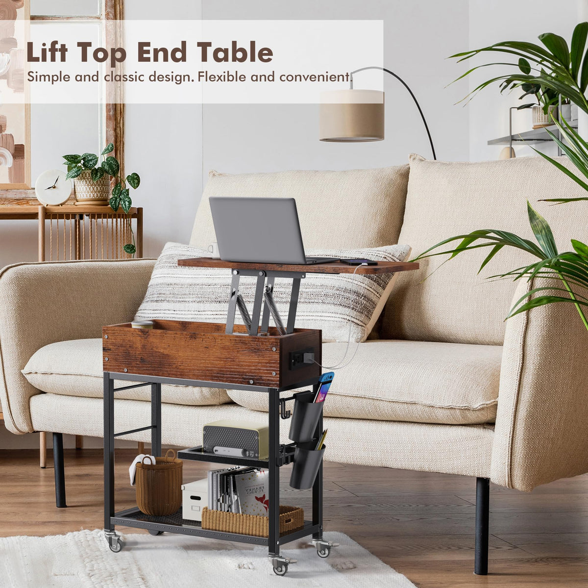 Colima Lift Top End Table with Charging Station and Wheels, Sofa Side Table with USB Port & AC Outlets, Movable Bedside Nightstand with Side Bag for Office Living Room Bedroom(Rustic Wood)
