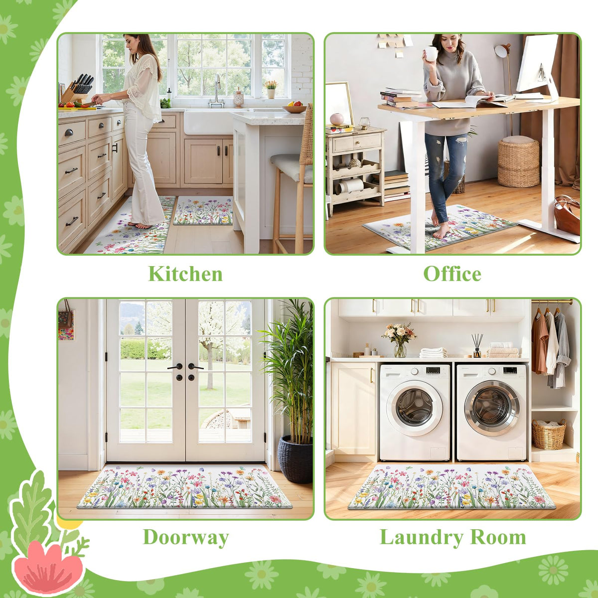 SHACOS Spring Kitchen Rugs Set of 2 Anti-Fatigue Kitchen Mats Floral Rugs White Cushioned Mats with Colorful Flowers Butterfly 17x27.5+17x47, Spring Flowers