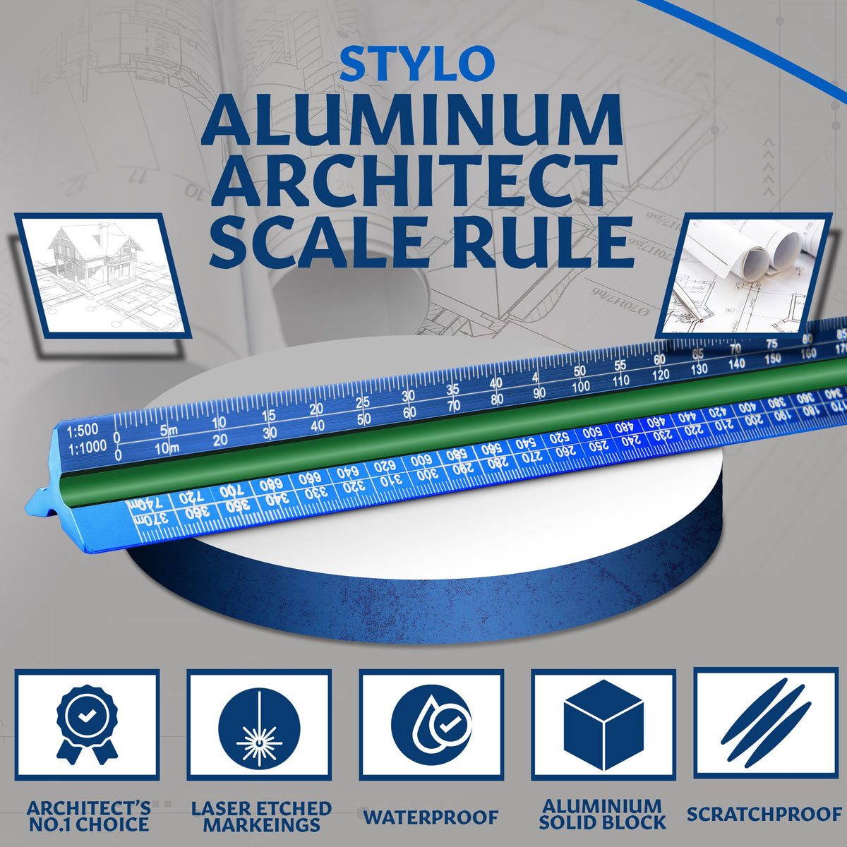 Stylo 12" Aluminum Architect Scale Ruler Laser Etched Triangle Drafting Ruler, Color Coded Grooves for Blueprint, Drafting and Drawing, Architectural Scale Ruler for Blueprints (Blue, Metric Units)