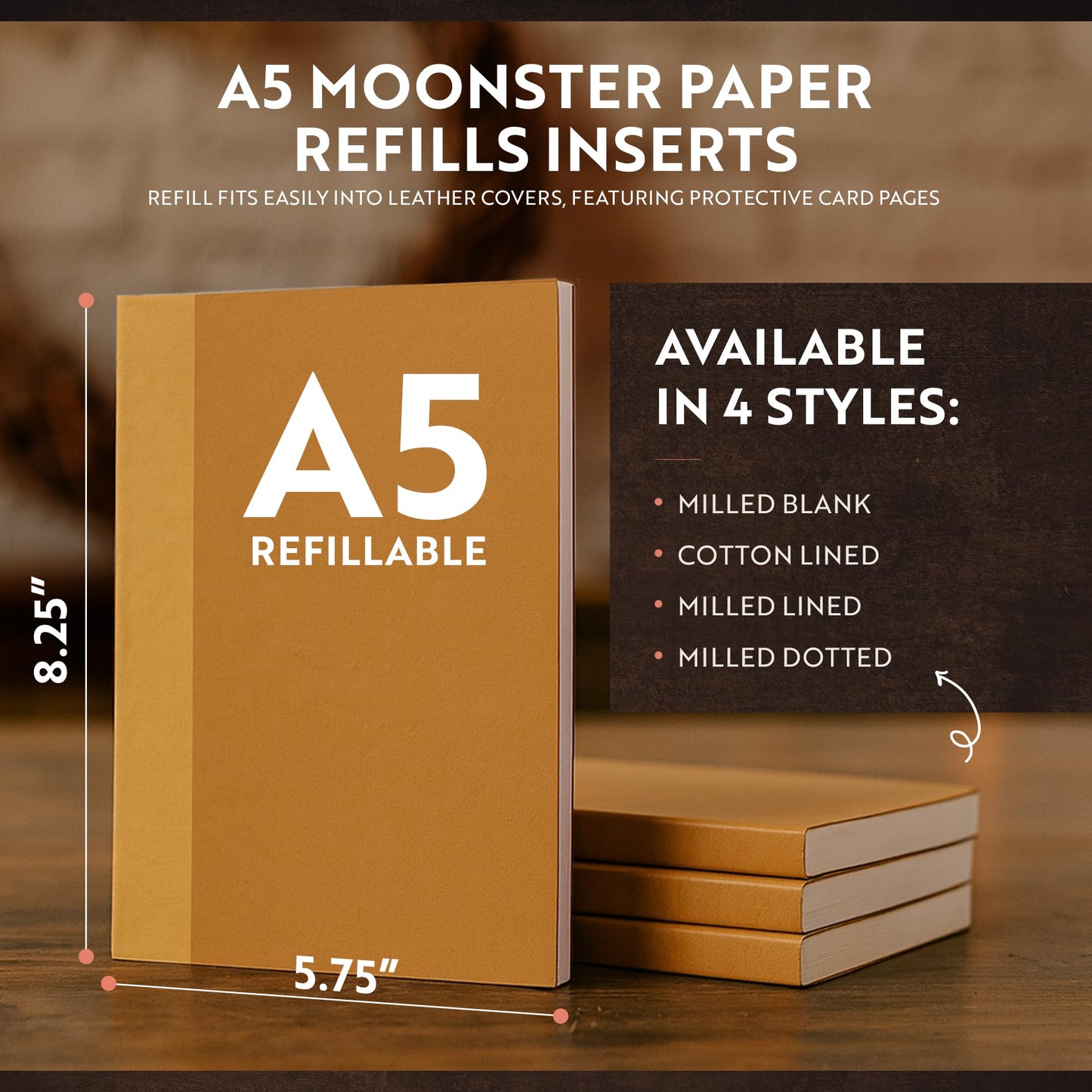 moonster Blank Journal Notebook Paper - A5 Journal Refill - for Refillable Leather Journal - Premium Milled Inserts Blank Sketch Book, Unlined Notepad 8.25 x 5.8 Inch, with 320 Pages 70gsm & Bookmark