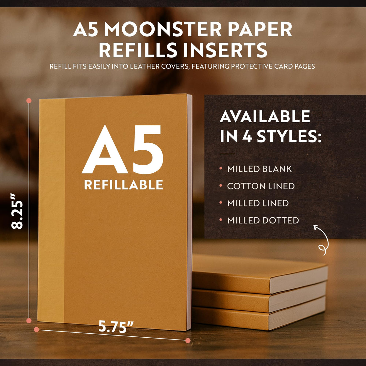 moonster A5 Refill Paper Lined, 320 Pages – A5 Paper Inserts (8.3x5.9 in) for Refillable Leather Notebooks – 70gsm Smooth Writing Journal Refill Page with Bookmark