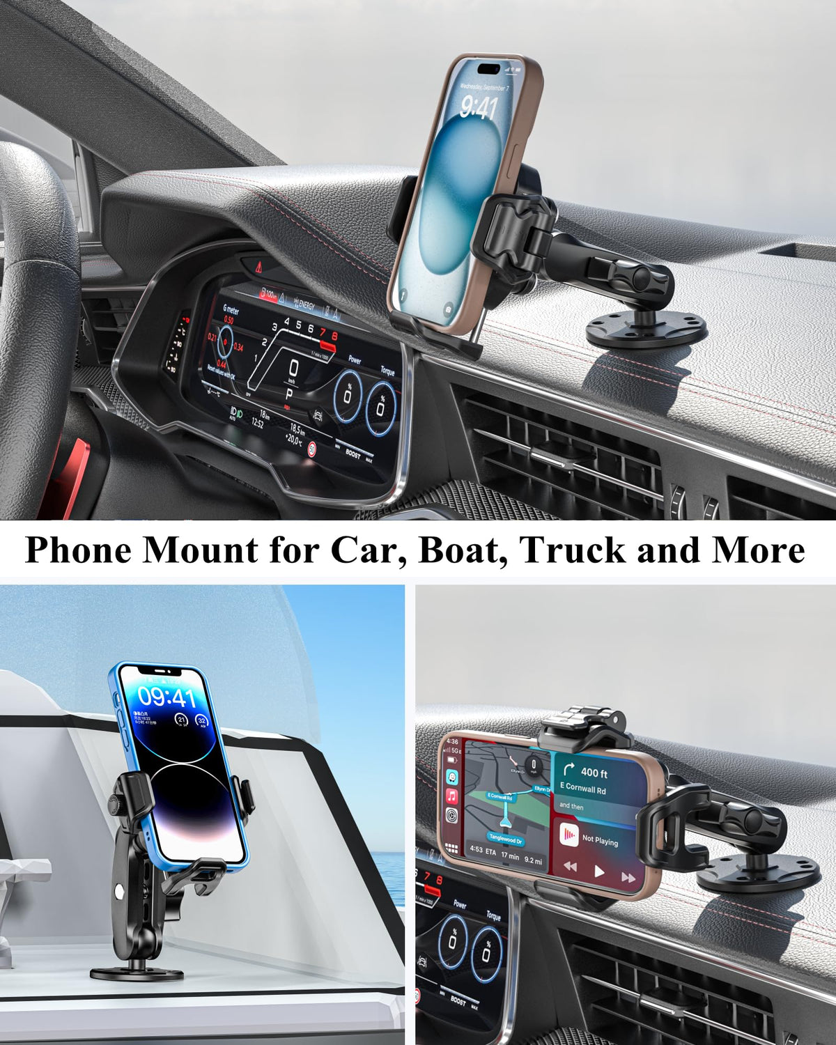 BRCOVAN Anti-Theft Phone Mount Holder with Vibration Dampener [Camera Friendly] [1s Lock & Release] with Aluminum Round Base & Medium Arm, for Car Boat Truck Motorcycle UTV, Fit 5.4-7.2'' Smartphones