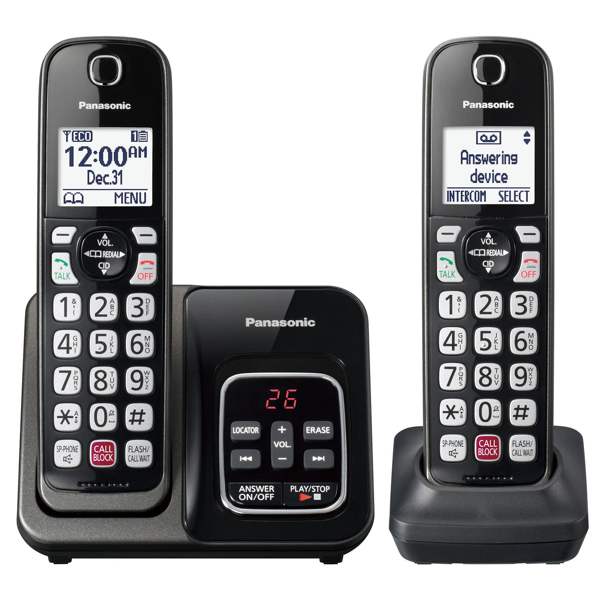 Panasonic Cordless Phone with Answering Machine, Advanced Call Block, Bilingual Caller ID and High-Contrast Display, Expandable System with 2 Handset Cordless Telephones - KX-TGD832M (Metallic Black)