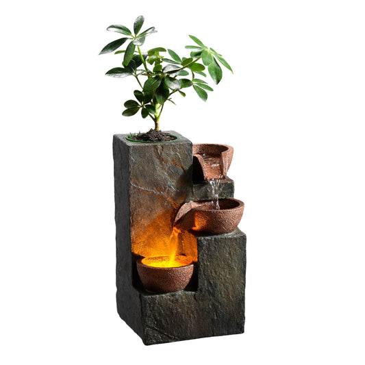MSEONWXI Tabletop Indoor Water Fountain – 3-Tier Rock Waterfall Fountain with Warm LED Light and DIY Planting Pot – Relaxing Small Water Feature for Desk or Home Decor (23061)