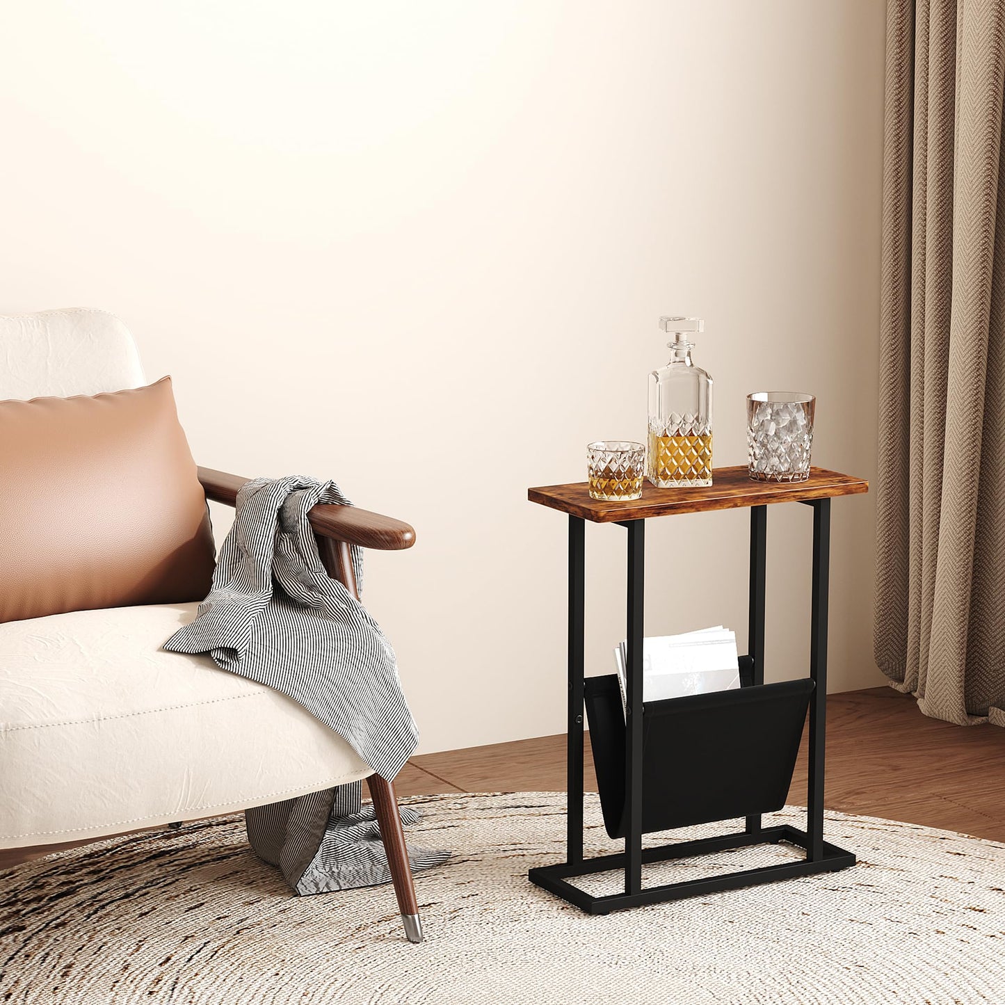 Yusong Narrow Side Table for Small Spaces, Small End Table with Magazine Holder, Skinny Slim Little Thin Table for Living Room, Bedroom, Sofa, Rustic Brown