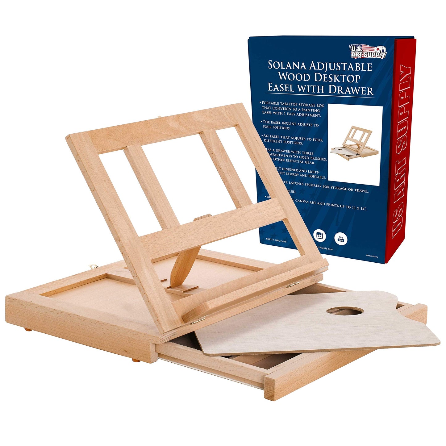 U.S. Art Supply Solana Adjustable Wood Art Easel: Portable Beechwood Tabletop Easel with Storage Drawer & Palette for Painting & Drawing, Artist Desktop