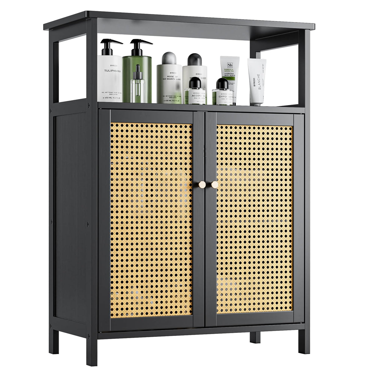 vovala Bamboo Floor Rattan Cabinet, Bathroom Storage Organizer Rack with 2 Doors and 1 Shelf, Space Saving Wood Kitchen Cupboard, Hallway Side Table, Living Room Freestanding Stand (Black)