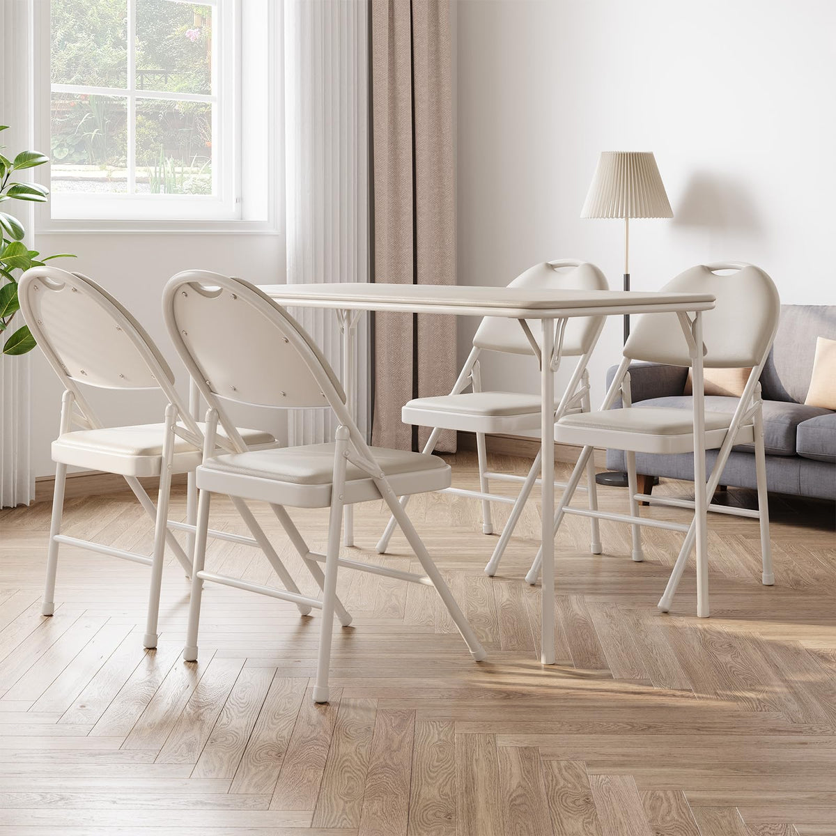 IDEALHOUSE Protable Folding Table and Chairs, 5 Piece Folding Card Table and Chairs Set, Foldable PU Upholstered Table and Chairs Set of 5, for Dining Room, Living Room, Office, Camping, Beige