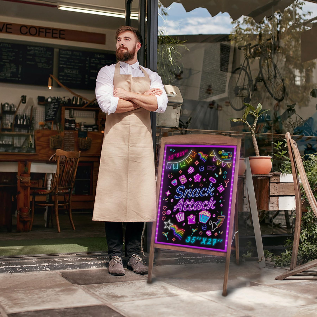 Hosim LED Message Writing Board 24"x16", Standing A-Frame Wooden LED Message Board Illuminated Erasable Neon Menu Sign, 8 Colors Markers & 16 Lighting Colors Flashing DIY Chalkboard Drawing Board