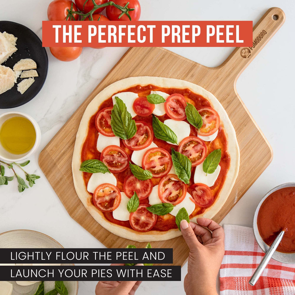 Chef Pomodoro Wooden Pizza Peel 14 inch, Homemade Wood Pizza Paddle, Board with with Handle, Indoor and Outdoor Oven Accessories, Spatula Gourmet Prep Shovel for Launching and Serving Pies and Bread