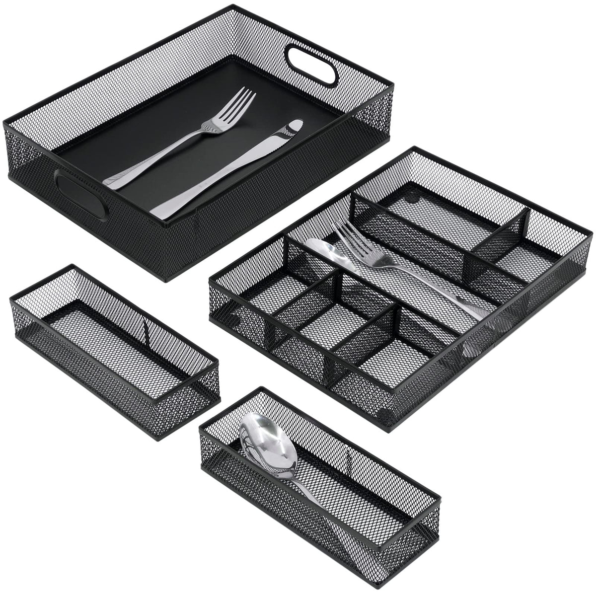 Neudeco Desk Drawer Organizer with 6 Adjustable Dividers, Metal Mesh Pen Organizer for Desk Drawer, Office Supplies Tray (Pack of 4, Black)