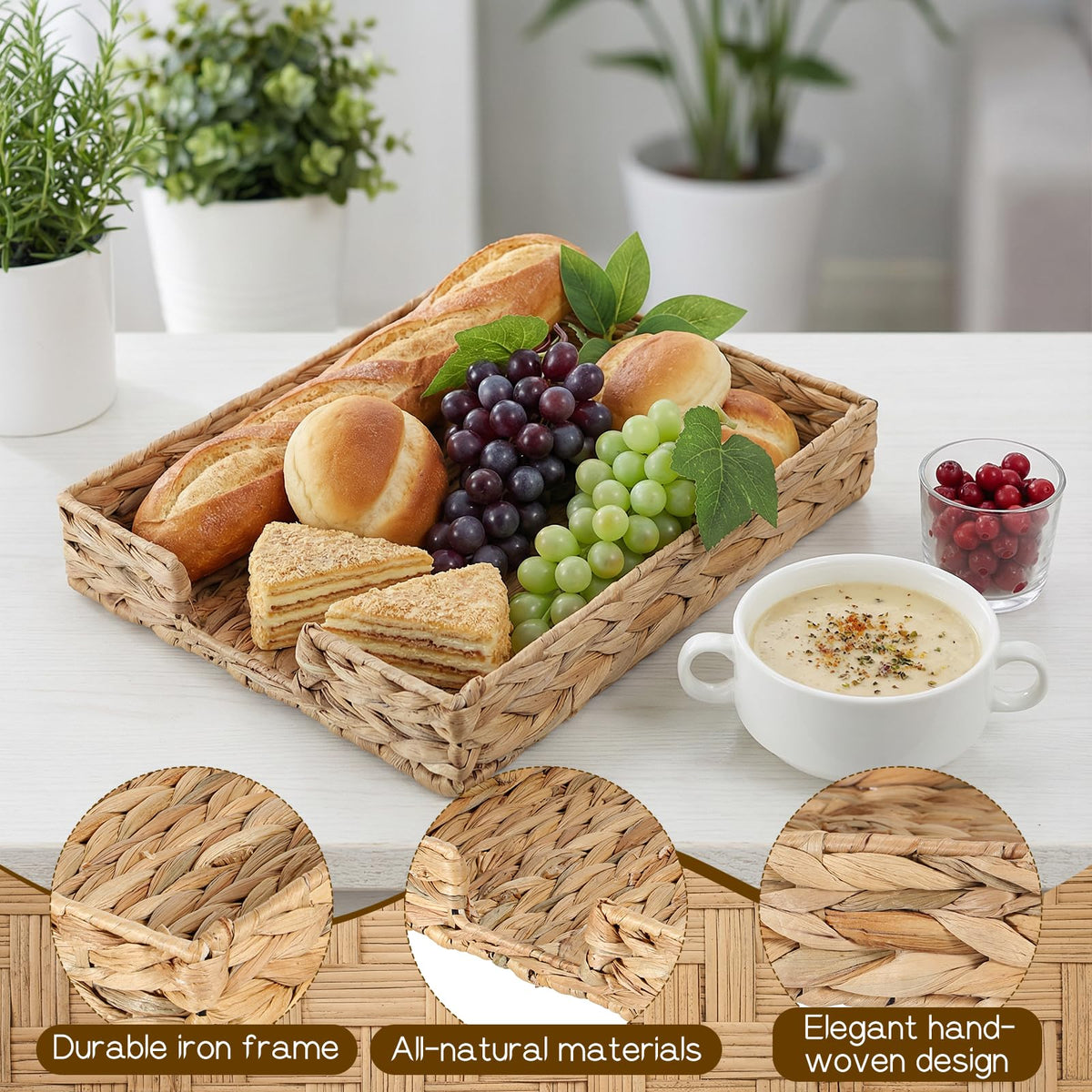2 Pcs A4 File Tray, Water Hyacinth Desk Basket, Wicker Paper Tray File Baskets, Woven Letter Size Documents Trays, Magazine Files Storage Basket Organizer Bin for Office, Toilet, Desk