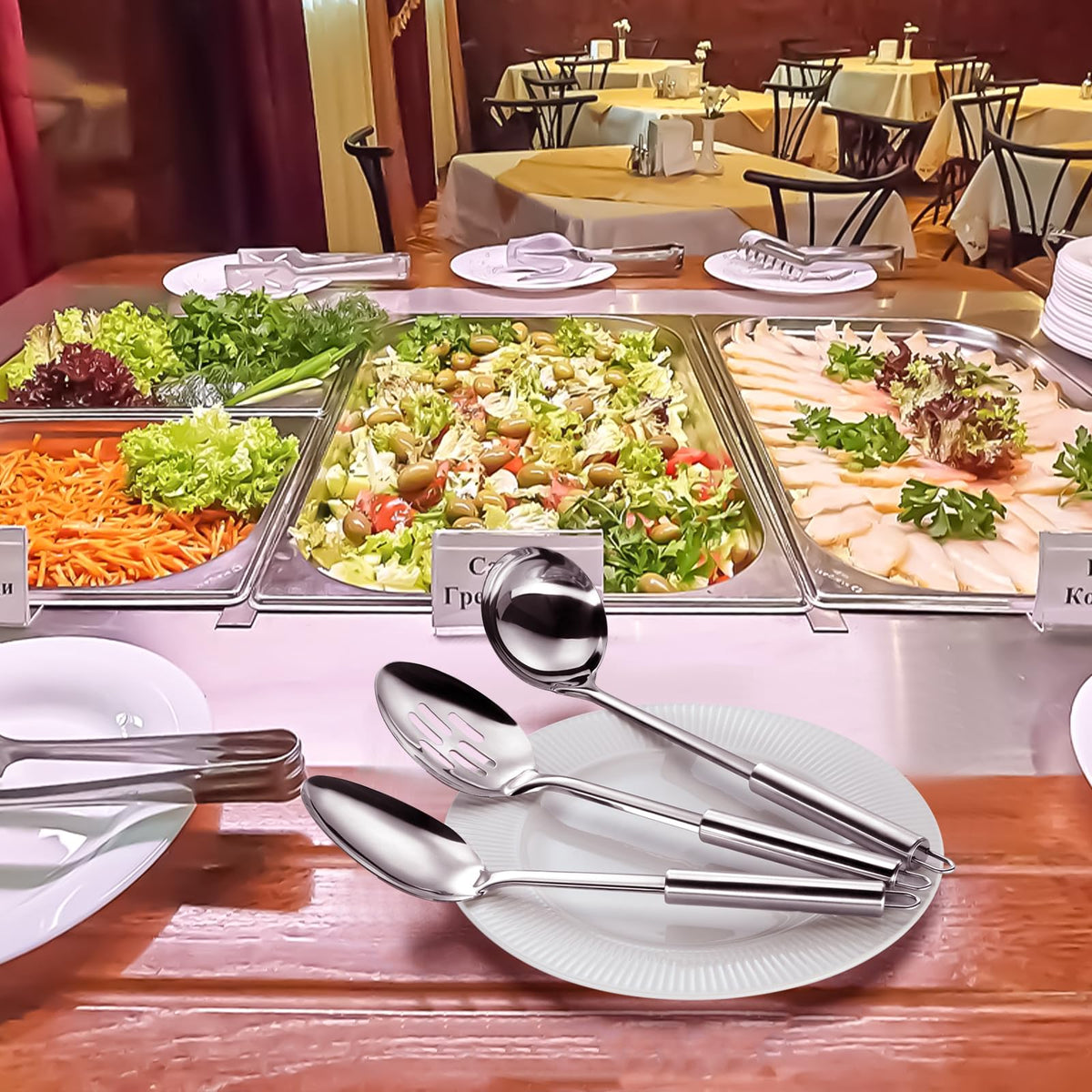 Pleafind Serving Utensils Set for Parties,3-Piece Silver Stainless Steel utensils set,Includes 1 Serving Spoon, 1 Slotted Spoon and 1 Soup Ladle,Serving Spoons for Buffet