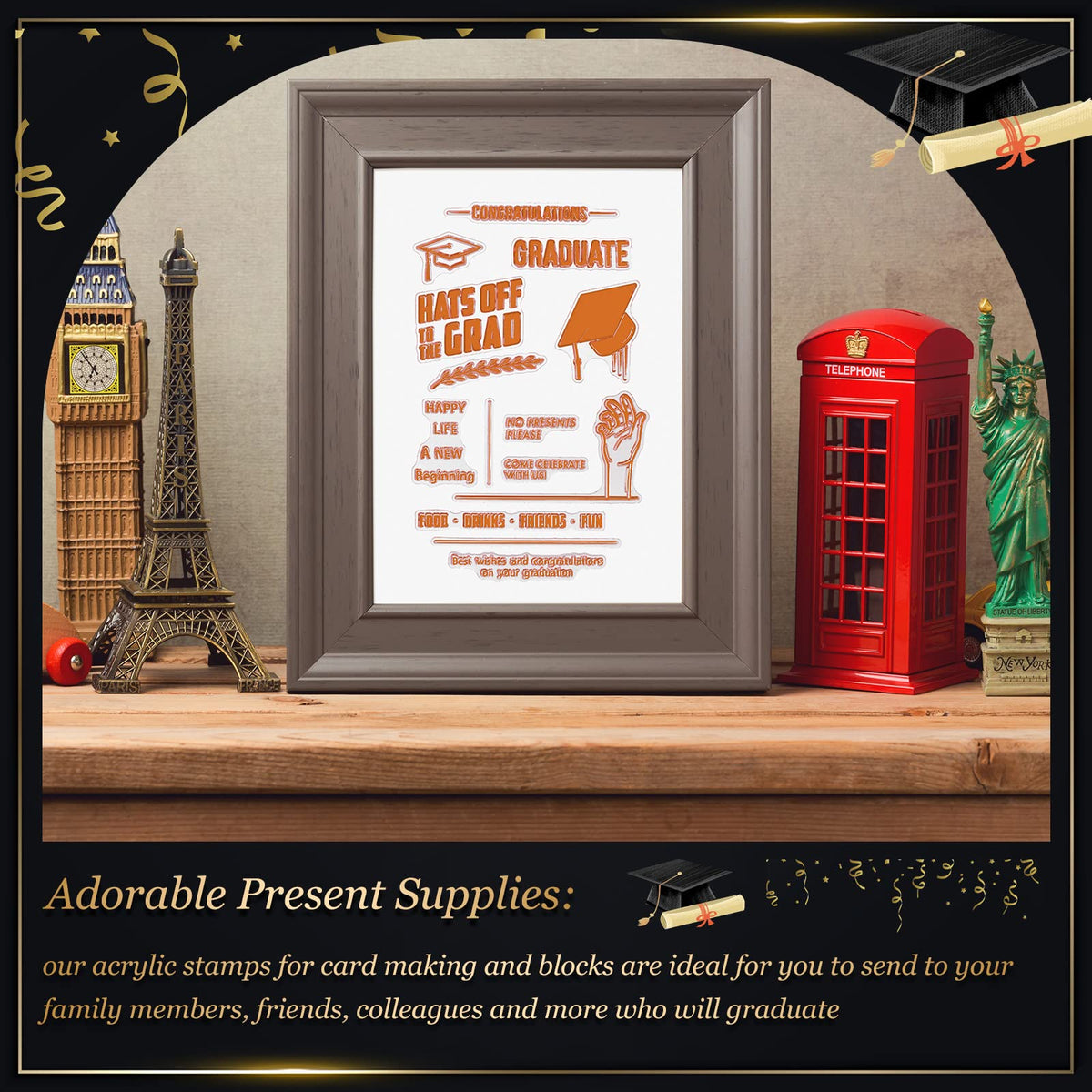 6 Sheets Graduation Silicone Clear Stamps Seal Set Acrylic Stamp Blocks Tools with Grid Lines DIY Scrapbooking Crafts Making Simply Rubber Stamps for Cards Congratulations Graduate