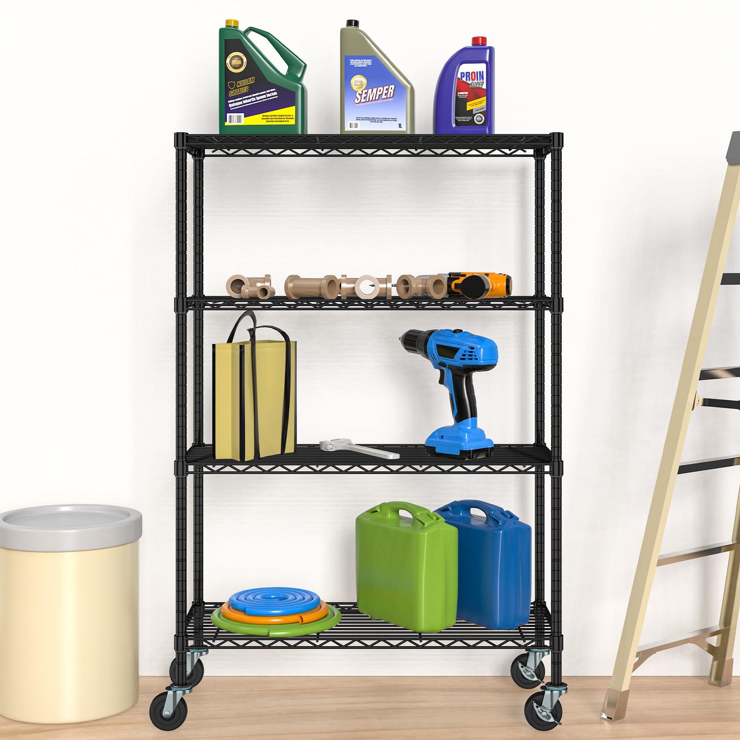 Alexayhome Storage Wire Shelving with Wheels 4-Tier Heavy Duty Garage Shelves Unit Metal Rolling Adjustable Organizer Rack Steel Wire Industrial Shelving for Kitchen Garage Pantry Office Bathroom