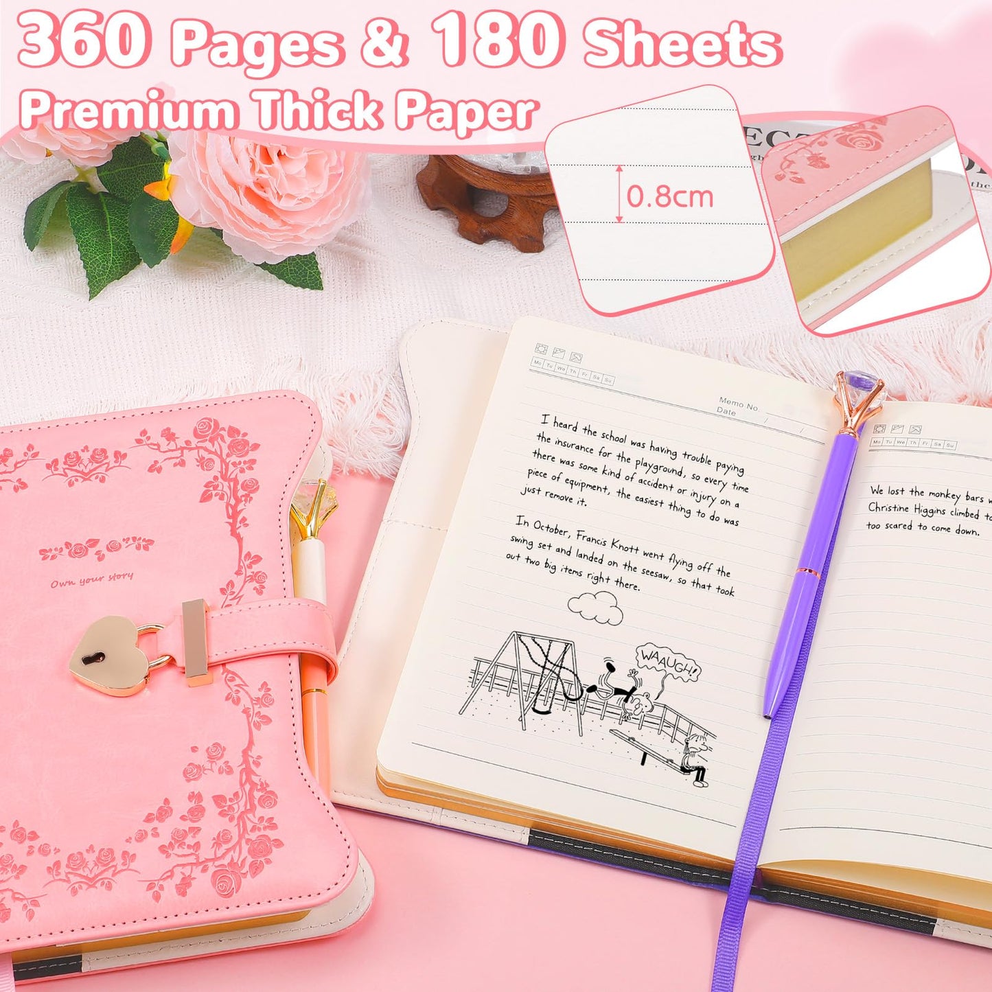 BSRBAOZY Diary with Lock and Key for Girls & Women, Heart-Shaped Locking Journal Gift Set with Diamond Pen, 360 Gilded Pages A5 Faux Leather Secret Writing Notebook for Teens Age 8-14(Garden Pink)